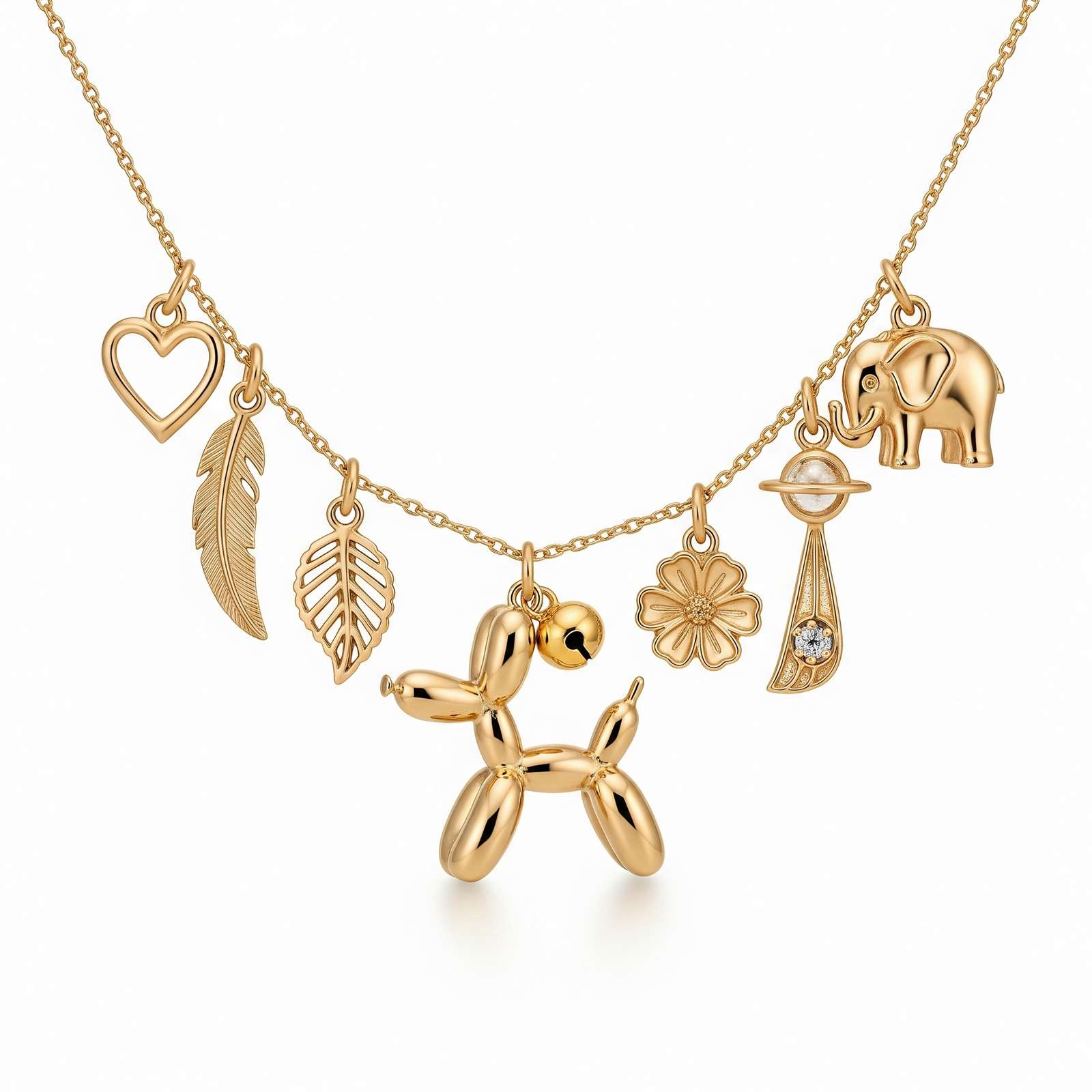 Adorable Women's Stainless Steel Charm 3D Balloon Dog Pendant Necklace with Heart, Elephant, Flower, and Saturn Charms