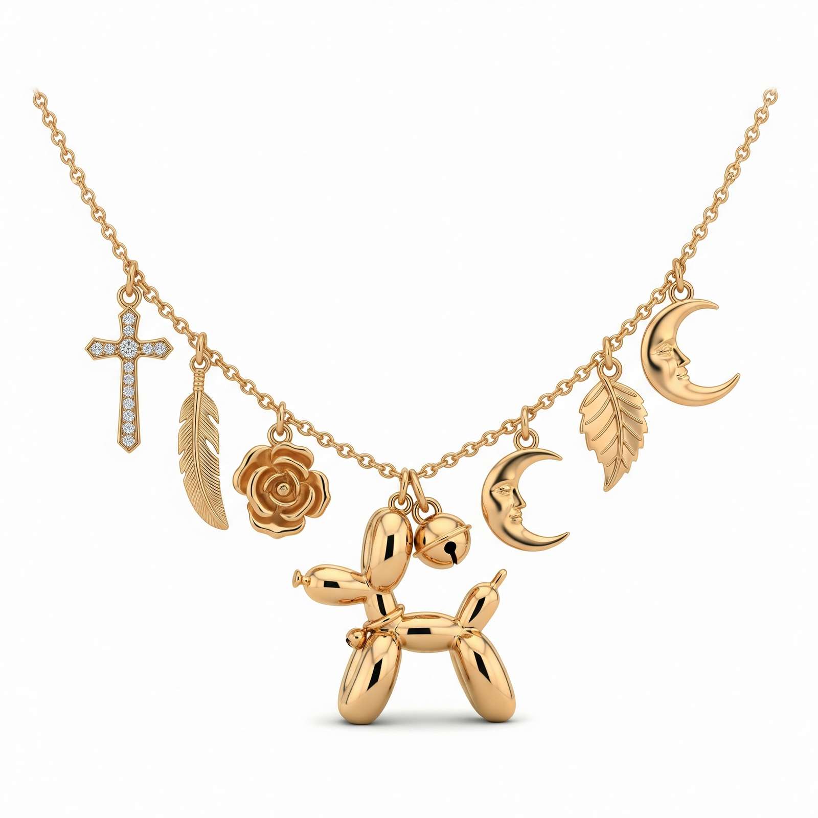 Adorable Women's Stainless Steel Charm 3D Balloon Dog Pendant Necklace with Cross, Moon, Rose, and Feather Charms