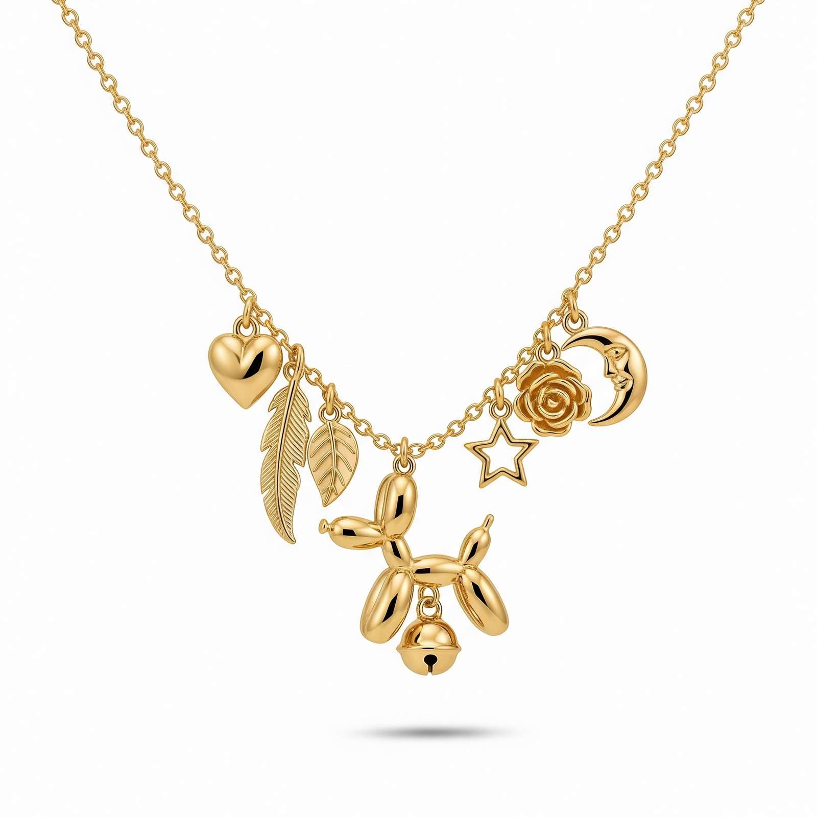 Adorable Women's Stainless Steel Charm 3D Balloon Dog Pendant Necklace with Heart, Star, Moon, and Rose Charms