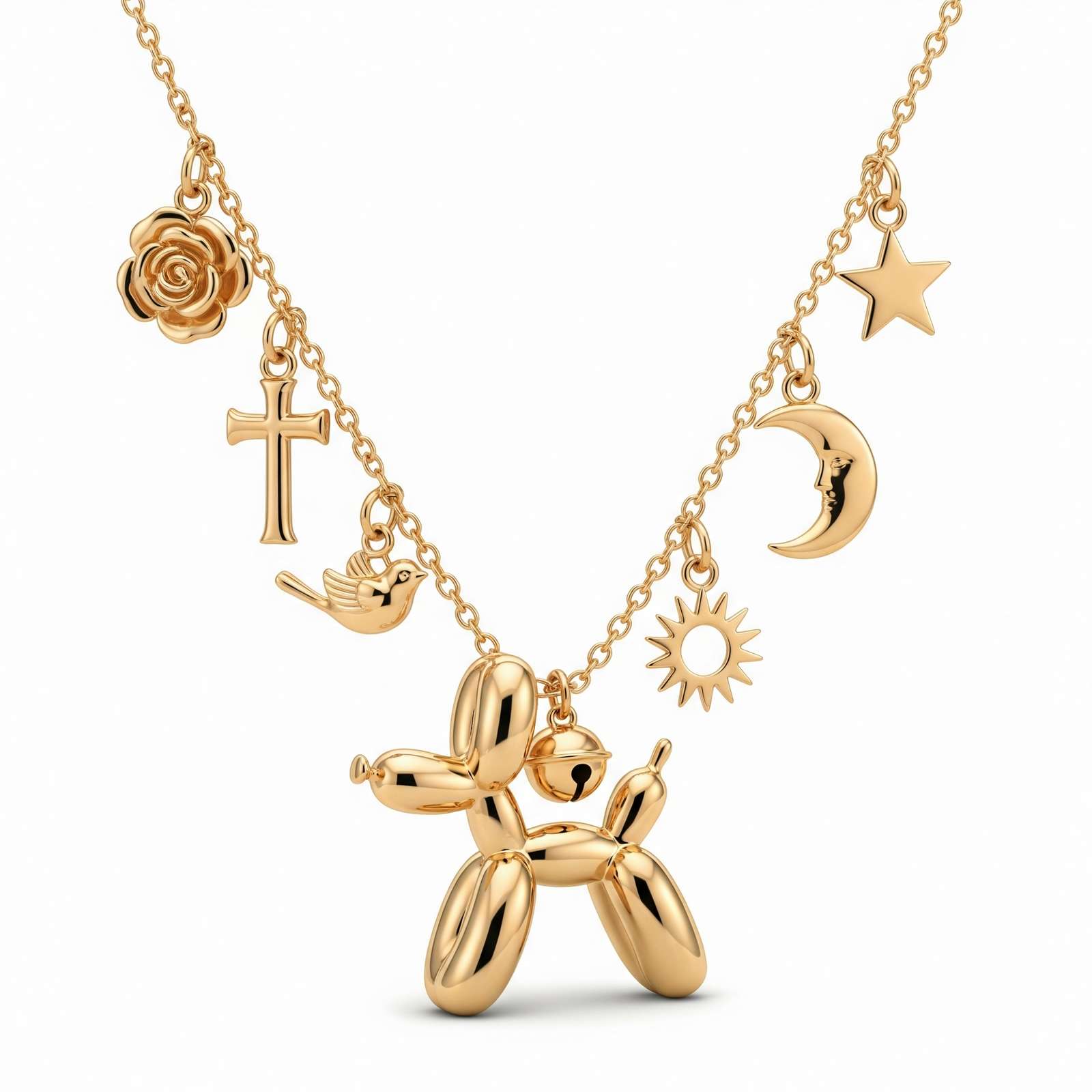 Adorable Women's Stainless Steel Charm 3D Balloon Dog Pendant Necklace with Cross, Moon, Star, and Bird Charms