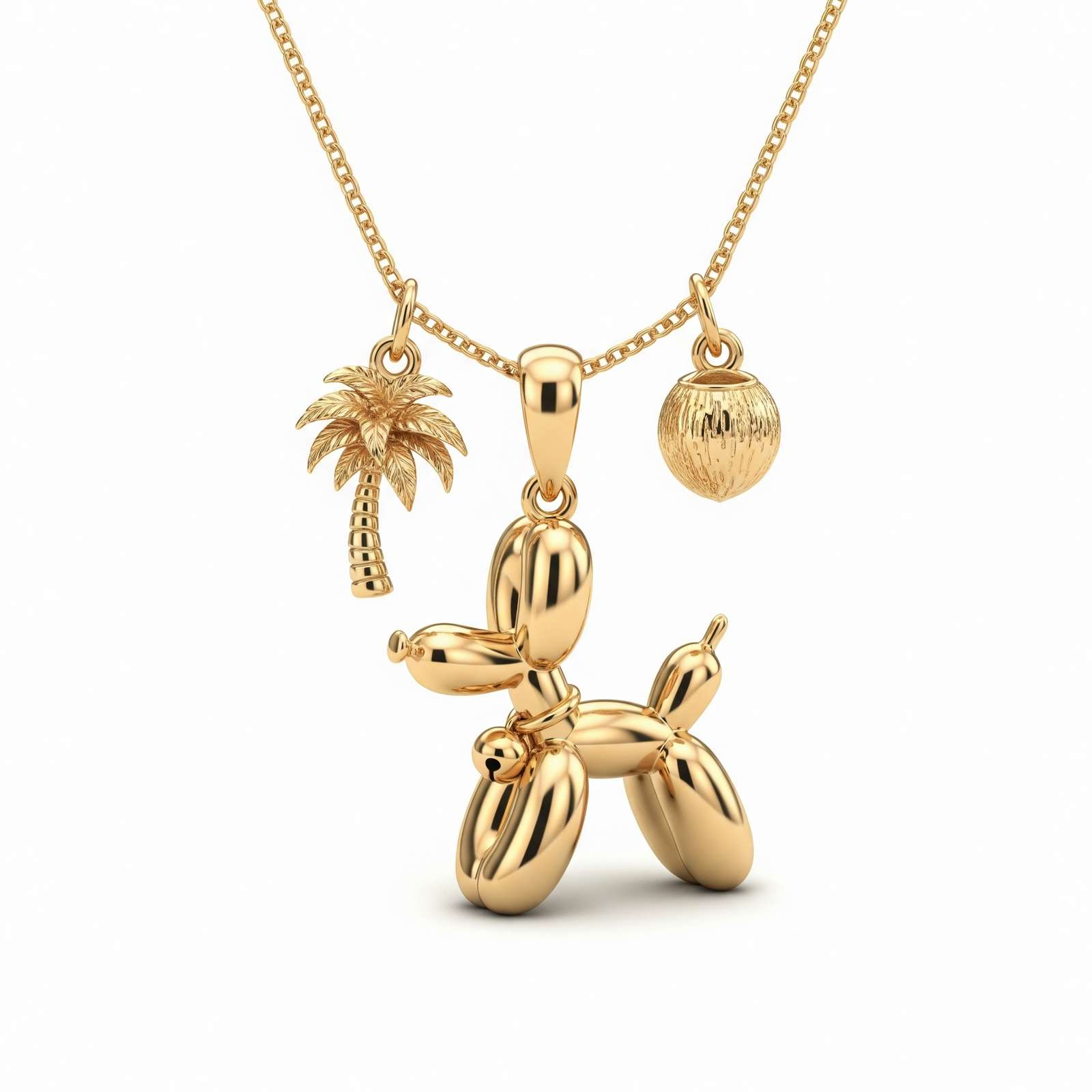 Adorable Women's Stainless Steel Charm 3D Balloon Dog Pendant Necklace with Palm Tree and Coconut Charms
