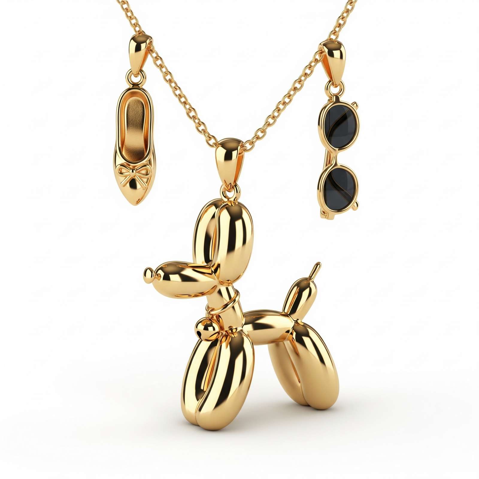 Adorable Women's Stainless Steel Charm 3D Balloon Dog Pendant Necklace with Ballet Flat and Sunglasses Charms