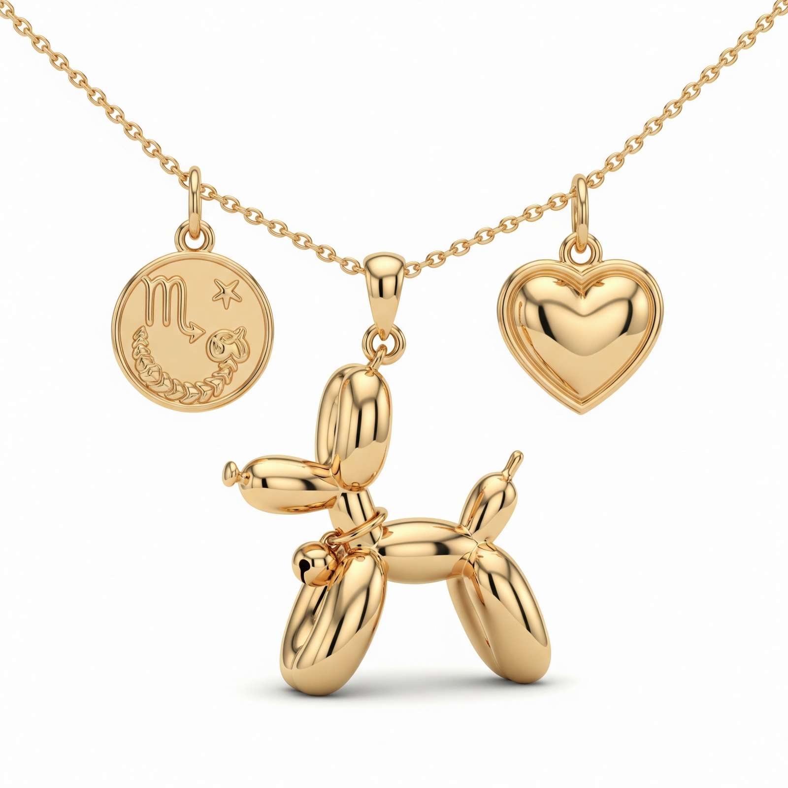 Adorable Women's Stainless Steel Charm 3D Balloon Dog Pendant Necklace with Zodiac Coin and Heart Charms