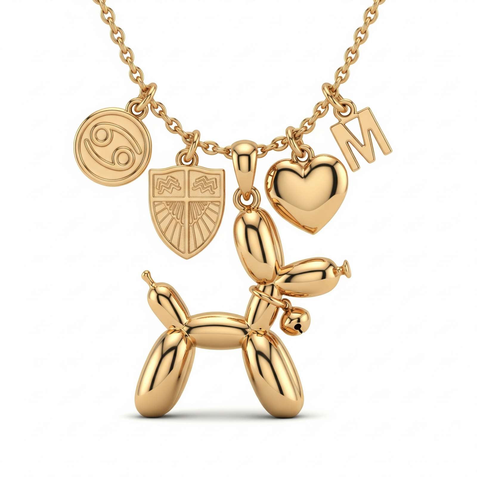 Adorable Women's Stainless Steel Charm 3D Balloon Dog Pendant Necklace with Zodiac Coin, Shield, Heart, and Letter &quotM