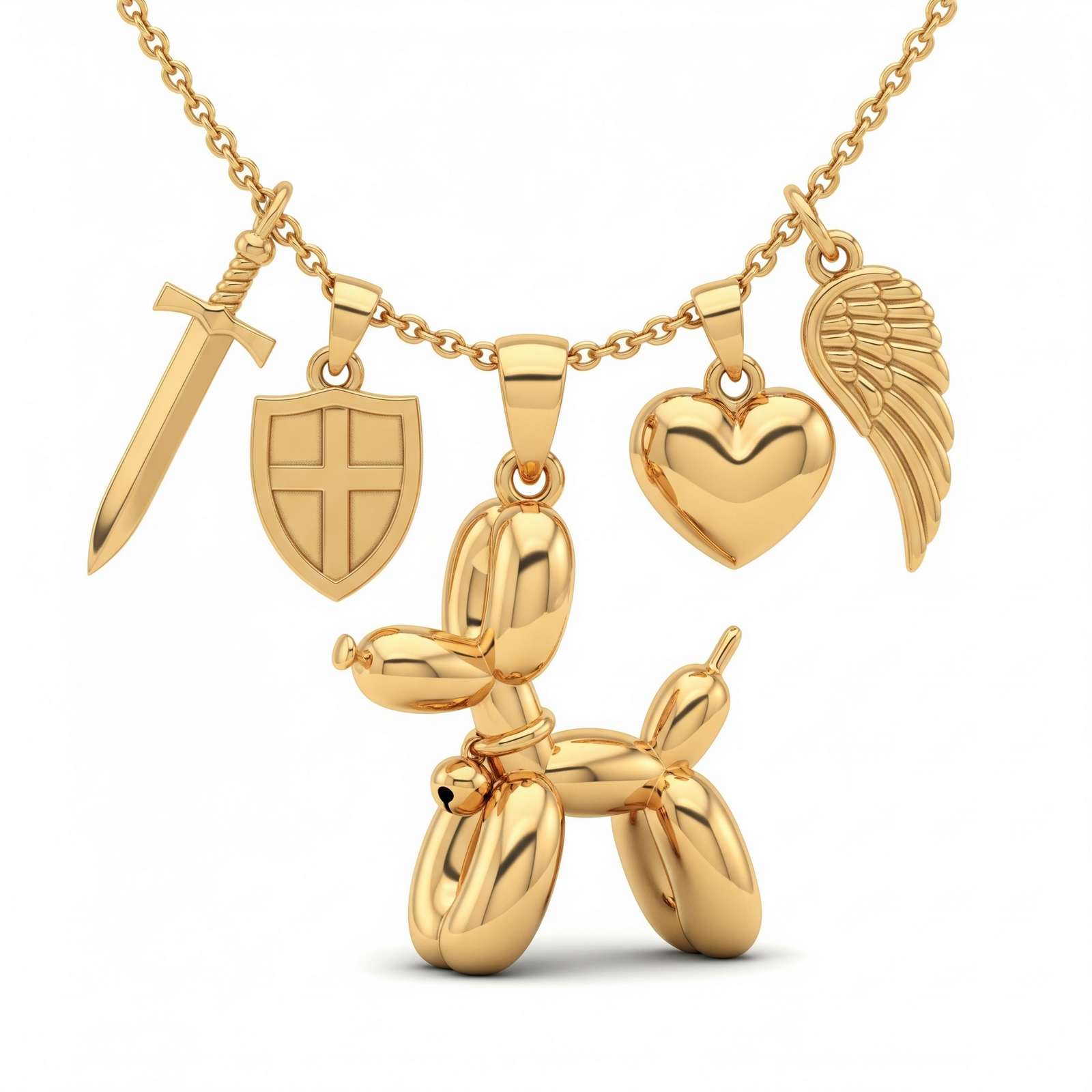 Adorable Women's Stainless Steel Charm 3D Balloon Dog Pendant Necklace with Sword, Shield, Heart, and Wing Charms