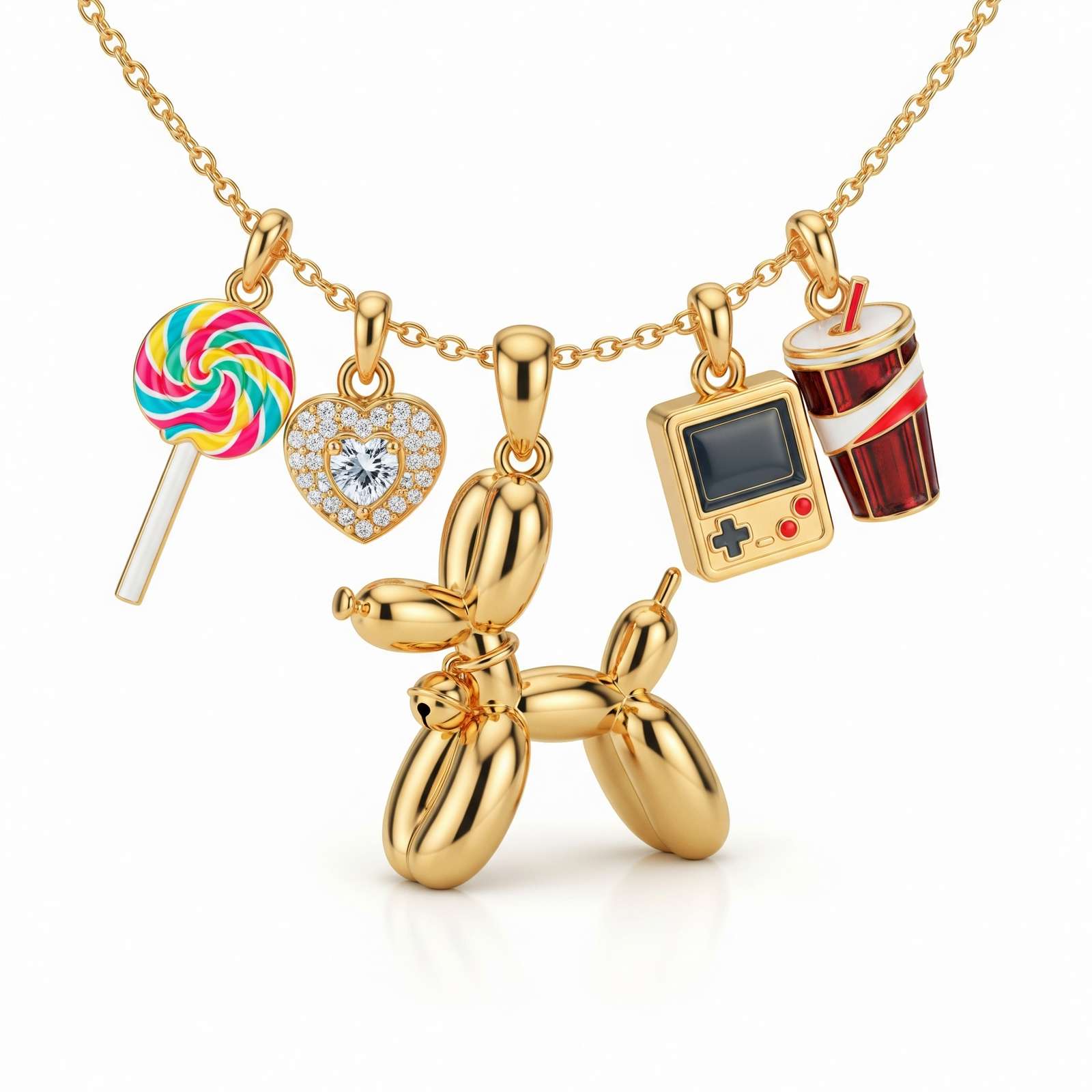Adorable Women's Stainless Steel Charm 3D Balloon Dog Pendant Necklace with Lollipop, Heart, Gameboy, and Drink Cup Charms