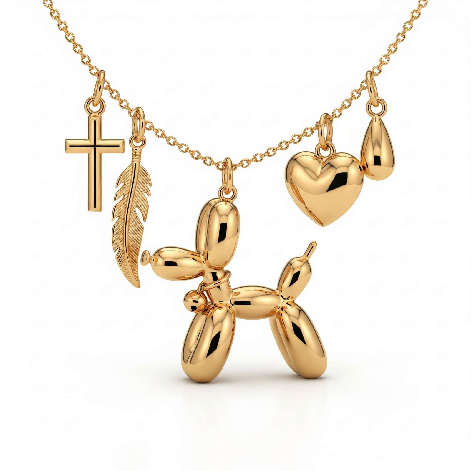 Adorable Women's Stainless Steel Charm 3D Balloon Dog Pendant Necklace with Cross, Feather, Heart, and Drop Charms