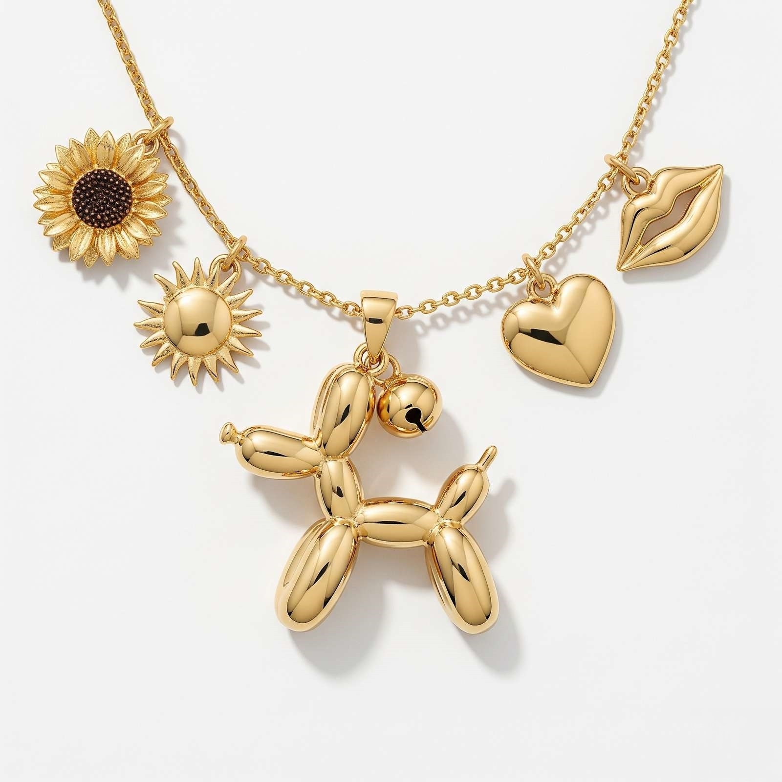 Adorable Women's Stainless Steel Charm 3D Balloon Dog Pendant Necklace with Sunflower, Sun, Heart, and Lips Charms