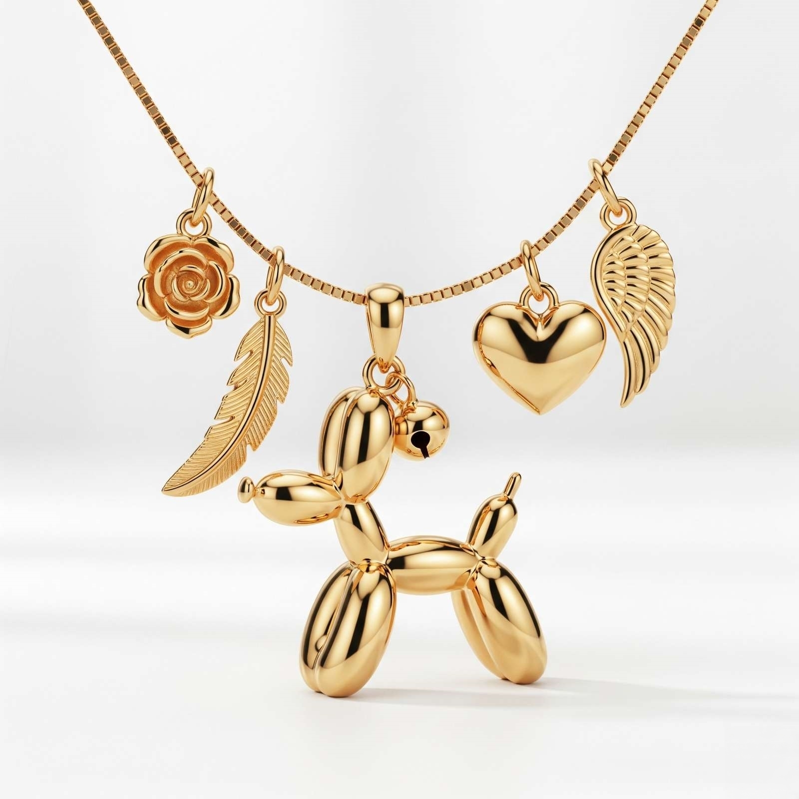 Adorable Women's Stainless Steel Charm 3D Balloon Dog Pendant Necklace with Rose, Feather, Heart, and Wing Charms