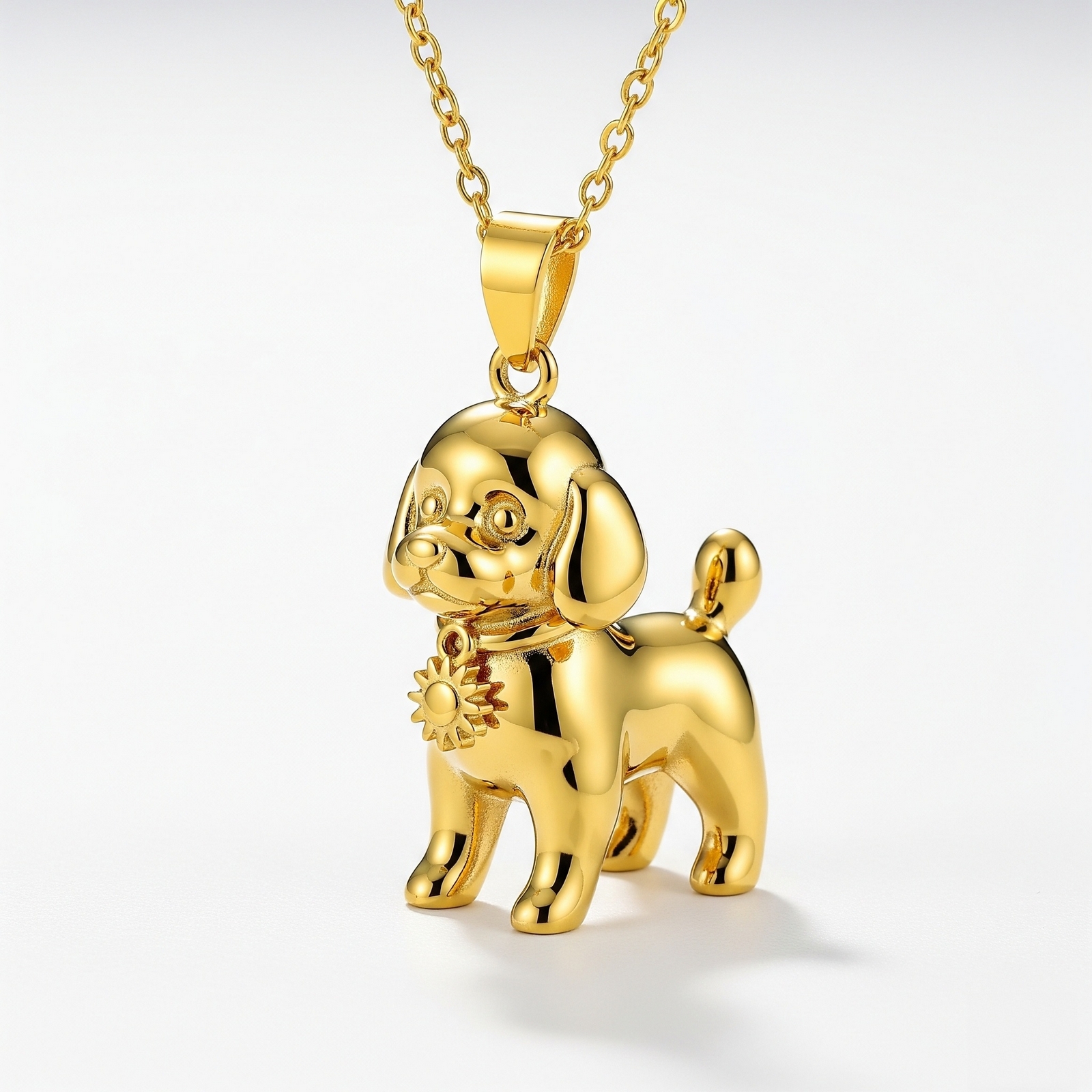 Cute 3D Stainless Steel Funny Charm Poodle Custom Dog Pendant Necklace for Women with Sun Medallion