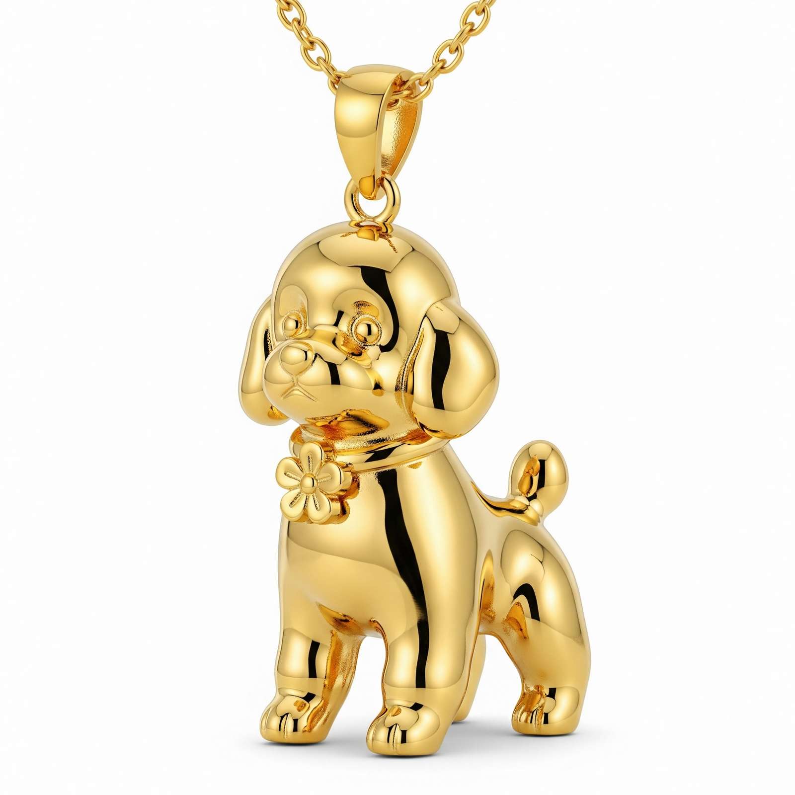 Cute 3D Stainless Steel Funny Charm Poodle Custom Dog Pendant Necklace for Women with Flower Pendant