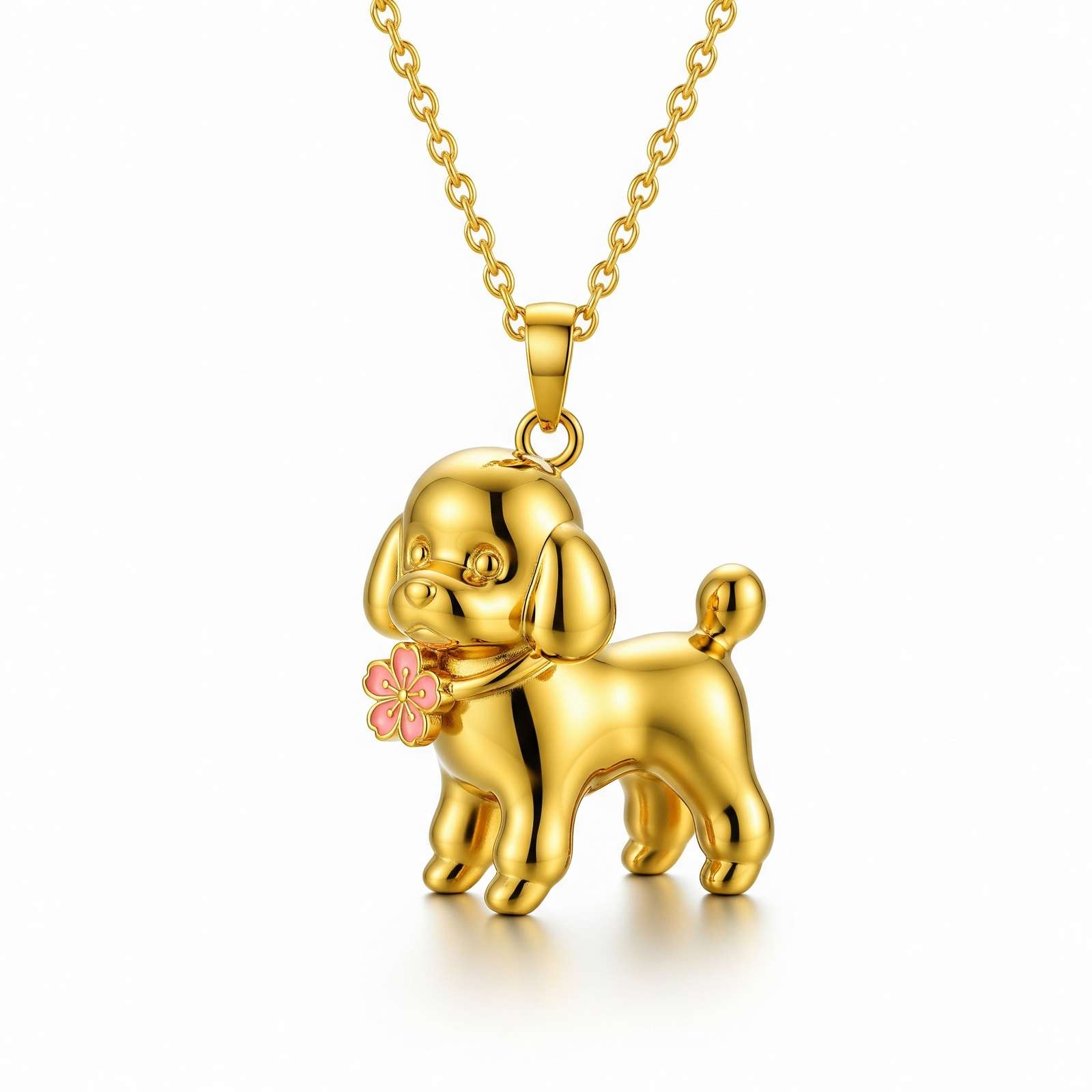 3D Cute Stainless Steel Poodle Dog Pendant Necklace with Flower