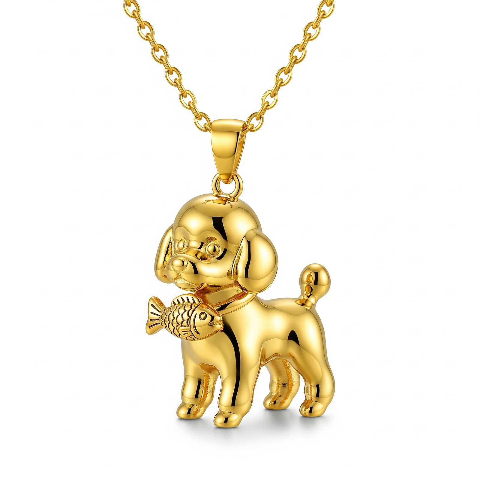 3D Cute Stainless Steel Poodle Dog Pendant Necklace with Fish