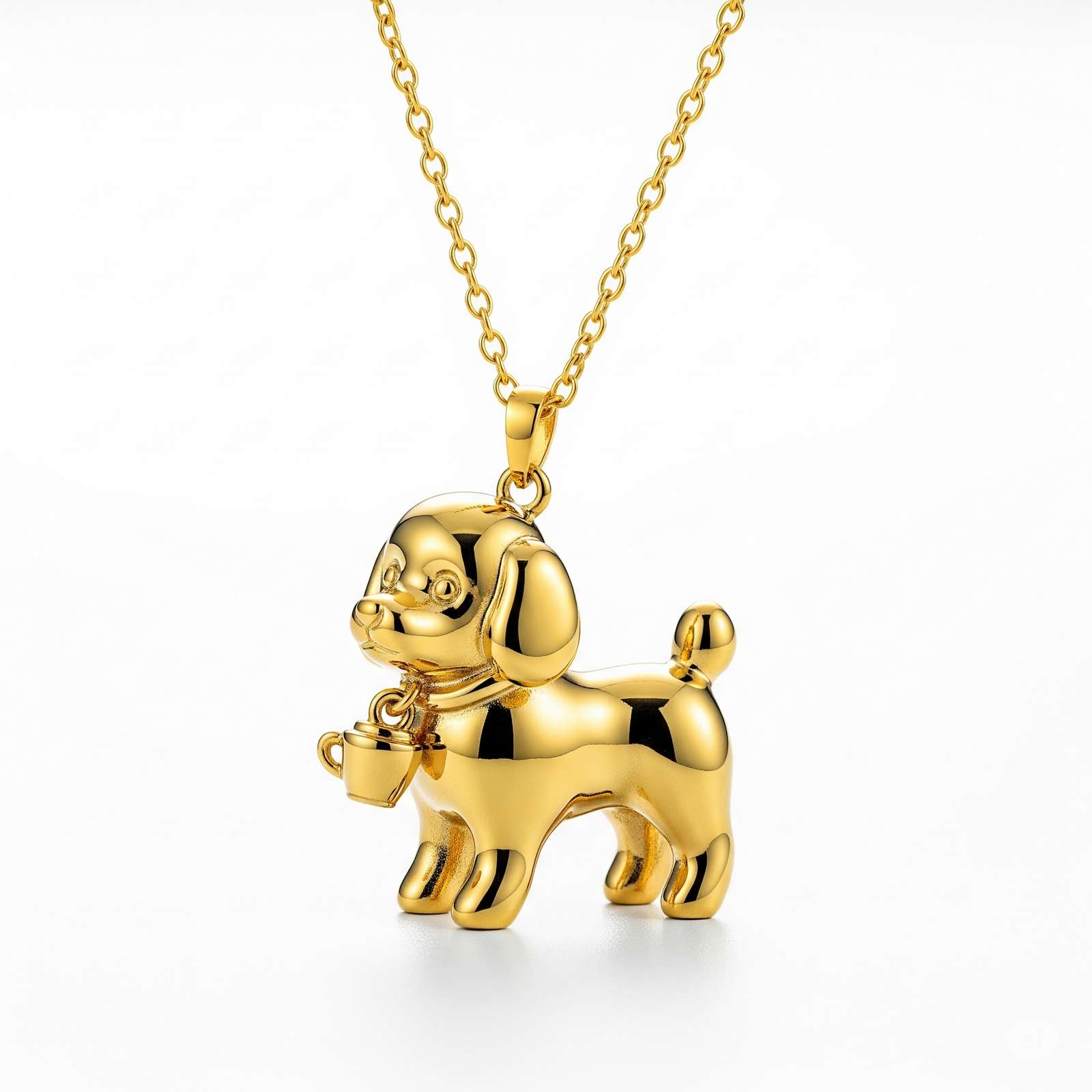 3D Cute Stainless Steel Poodle Dog Pendant Necklace with Cup