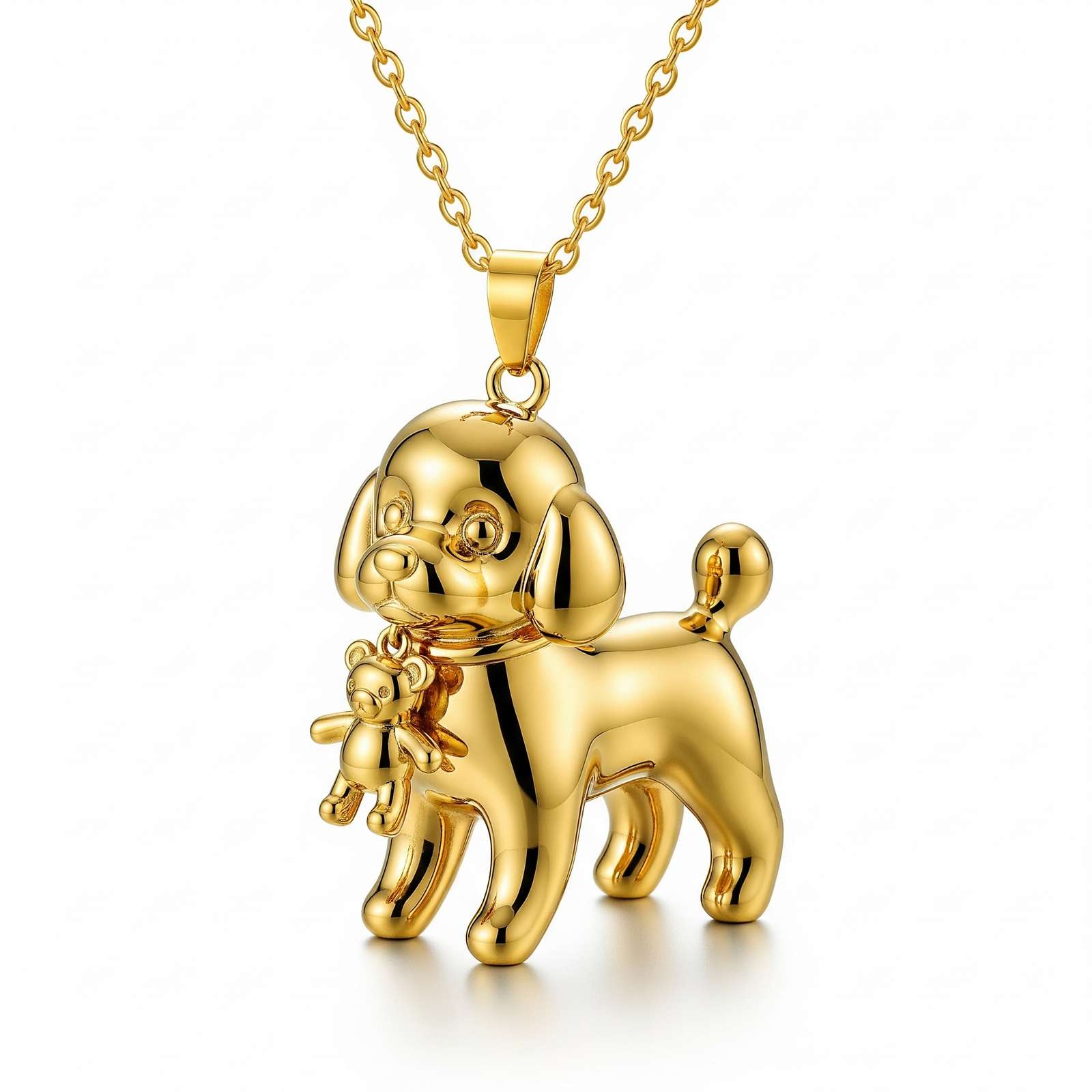 3D Cute Stainless Steel Poodle Dog Pendant Necklace with Teddy Bear