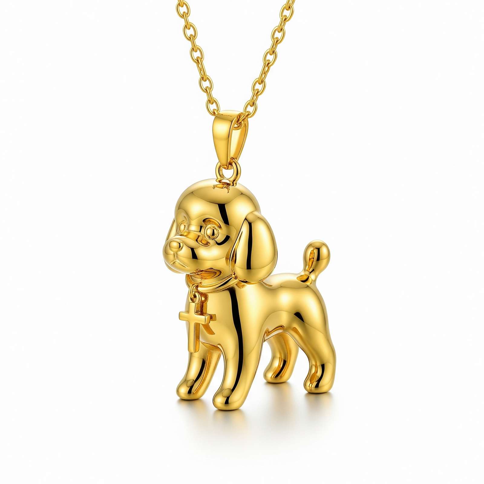 3D Cute Stainless Steel Poodle Dog Pendant Necklace with Cross