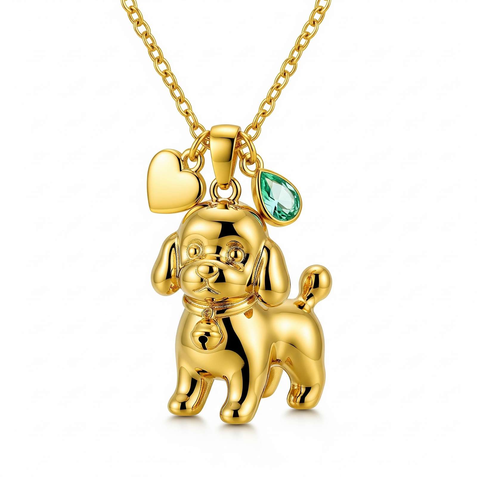 Cute 3D Stainless Steel Poodle Dog Pendant Necklace with Heart and Gemstone Charms for Women