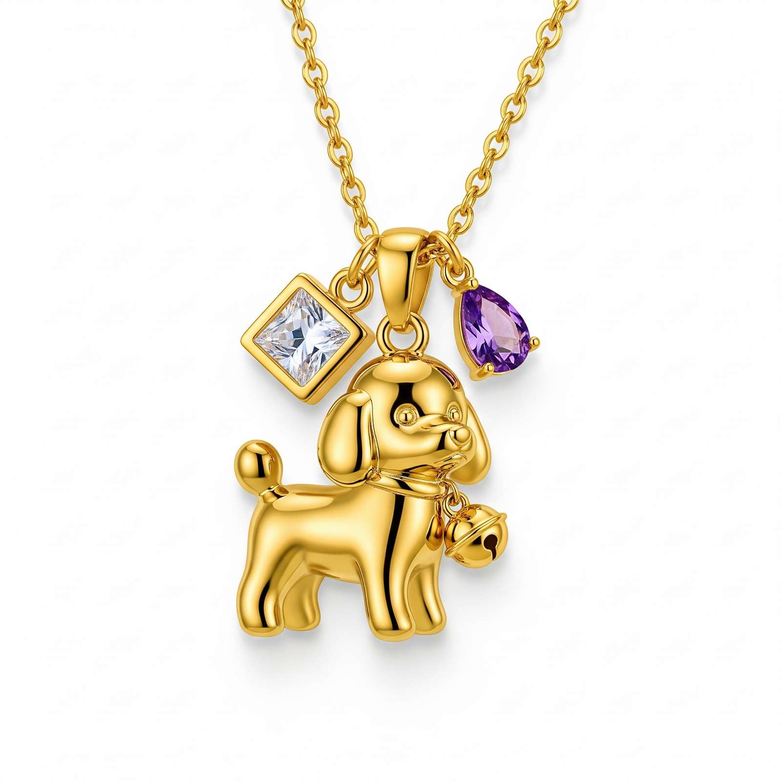 Cute 3D Stainless Steel Poodle Dog Pendant Necklace with Square and Teardrop Gemstone Charms for Women