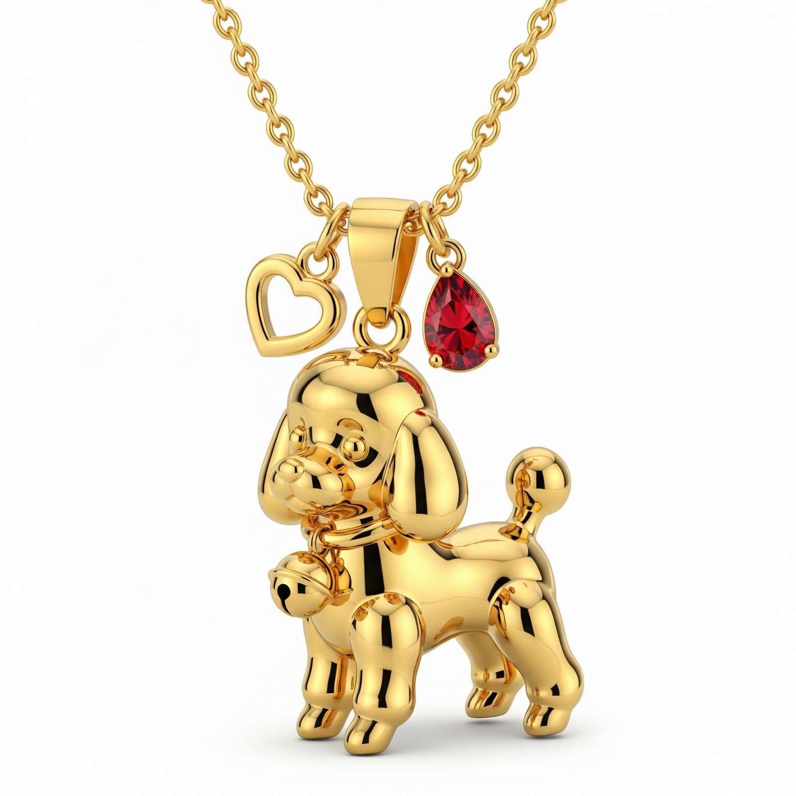 Cute 3D Stainless Steel Poodle Dog Pendant Necklace with Heart and Red Gemstone Charms for Women