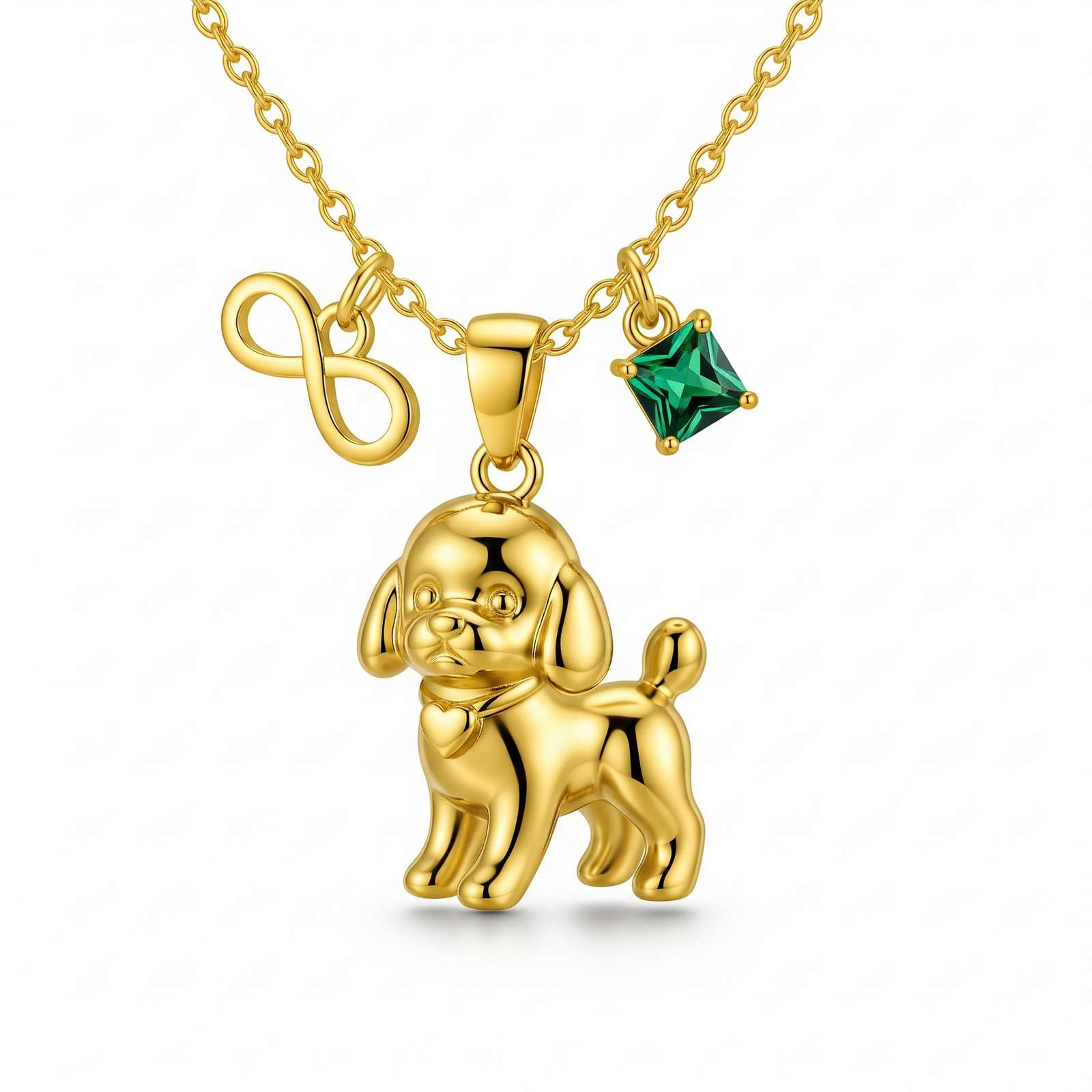 Cute 3D Women Stainless Steel Funny Charm Poodle Custom Dog Pendant Necklace with Green Crystal