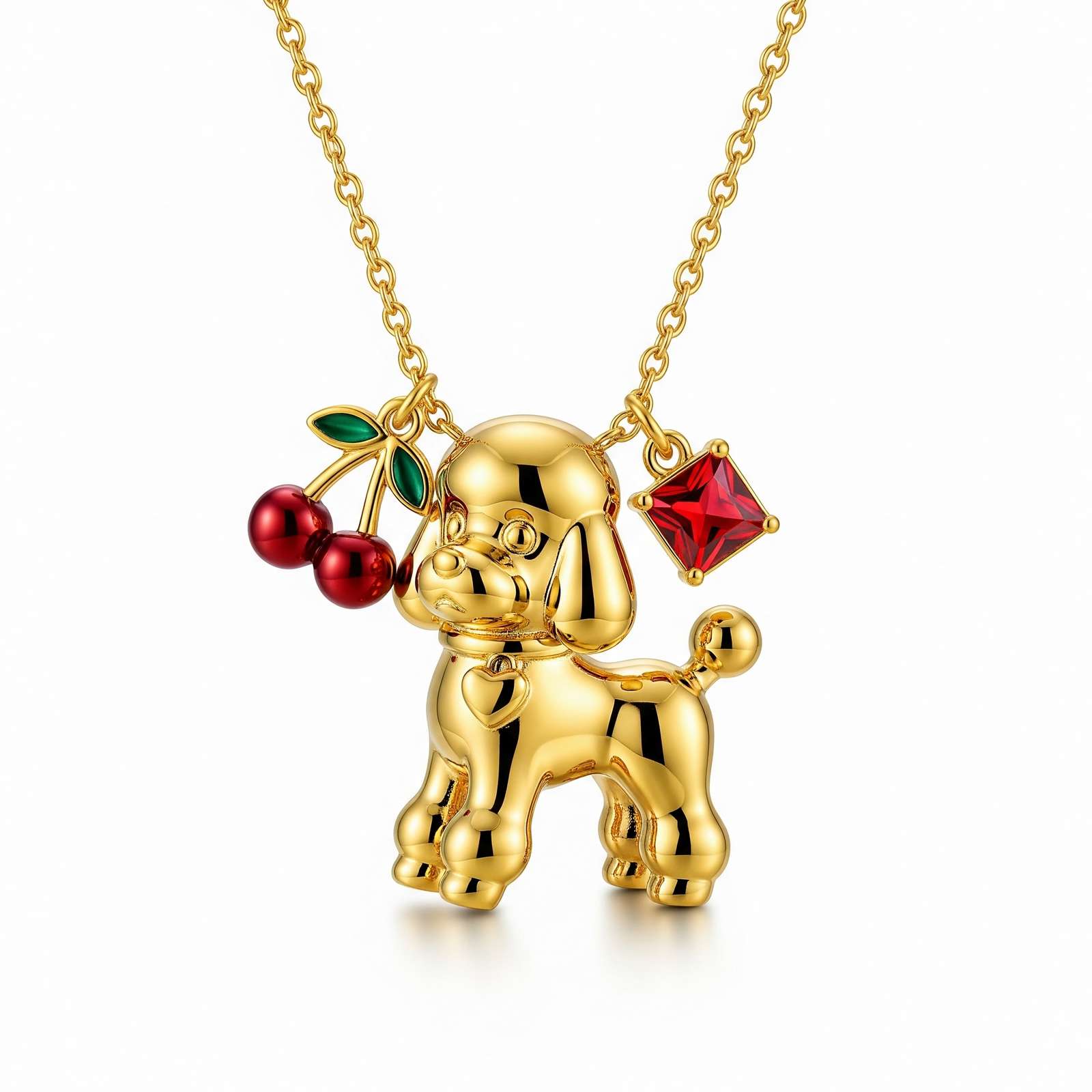 Cute 3D Women Stainless Steel Funny Charm Poodle Custom Dog Pendant Necklace with Cherry and Red Crystal