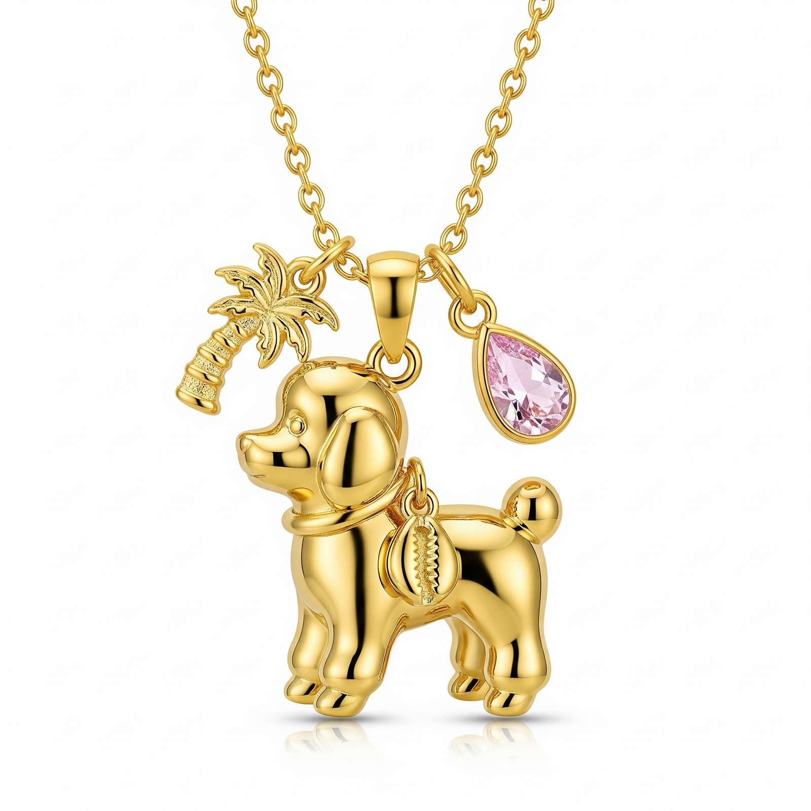Cute 3D Women Stainless Steel Funny Charm Poodle Custom Dog Pendant Necklace with Palm Tree and Pink Crystal