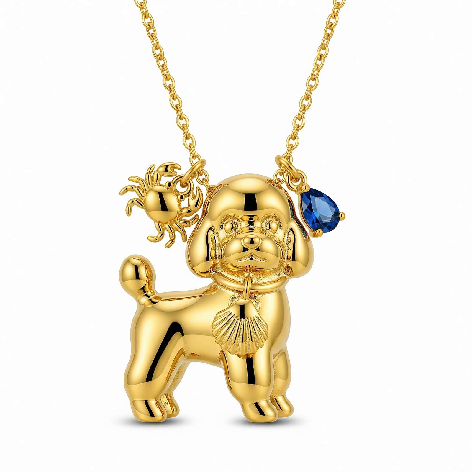 Cute 3D Women Stainless Steel Funny Charm Poodle Custom Dog Pendant Necklace with Crab and Blue Crystal