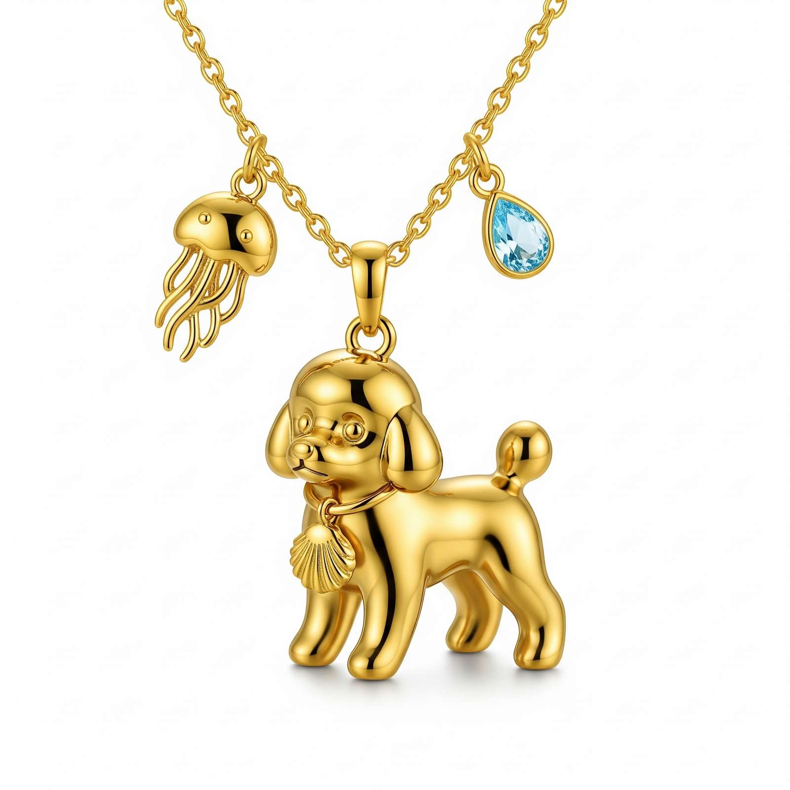 Cute 3D Women Stainless Steel Funny Charm Poodle Custom Dog Pendant Necklace with Jellyfish and Blue Crystal