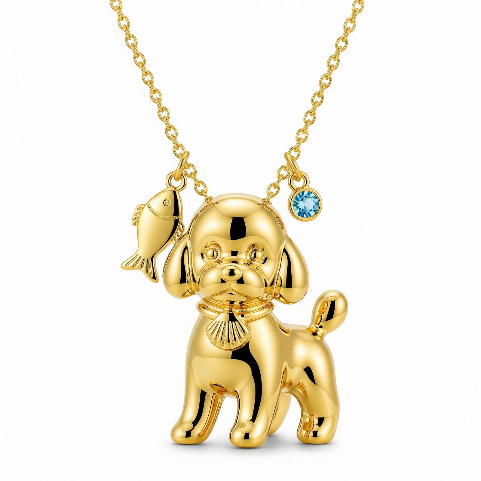 3D Stainless Steel Funny Charm Poodle Pendant Necklace with Fish and Blue Crystal