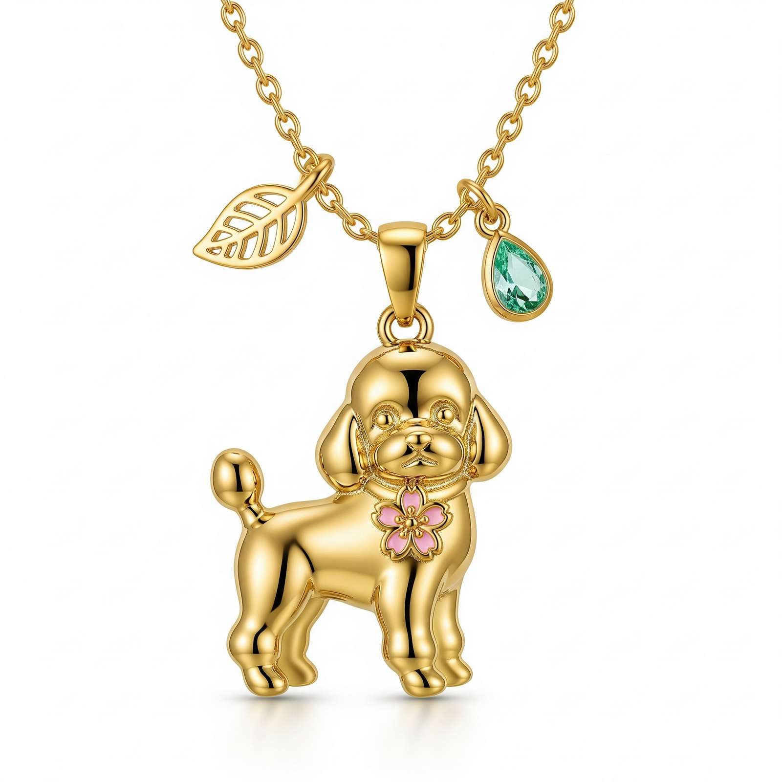 3D Stainless Steel Funny Charm Poodle Pendant Necklace with Flower and Green Crystal