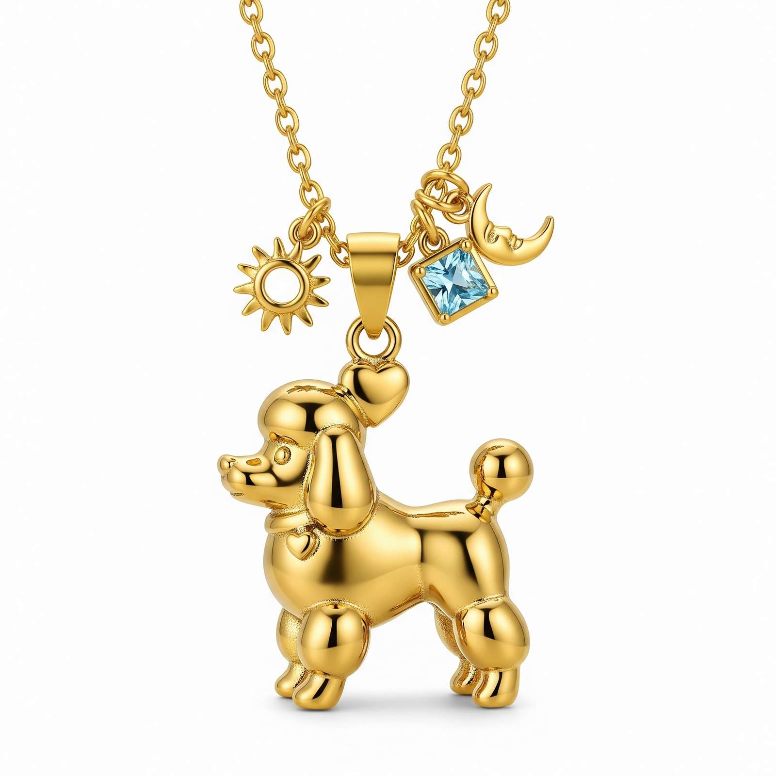 3D Stainless Steel Funny Charm Poodle Pendant Necklace with Sun, Moon, Heart, and Blue Crystal