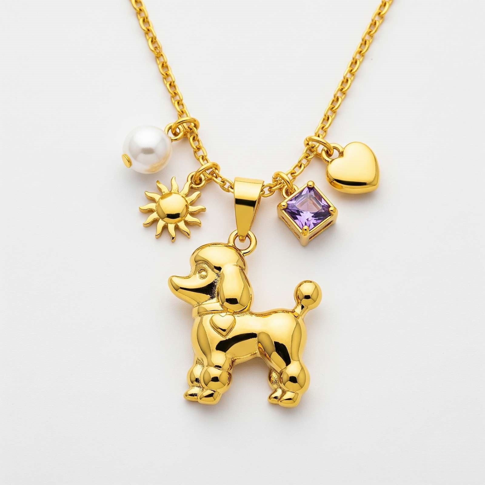 3D Stainless Steel Funny Charm Poodle Pendant Necklace with Sun, Heart, Pearl, and Purple Crystal