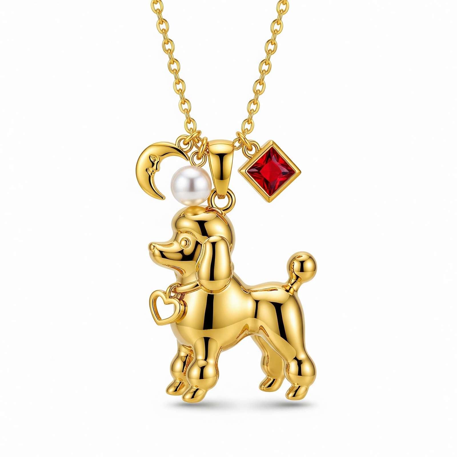 Gold Balloon Dog Pendant Necklace with Moon, Pearl & Red Gem Charms