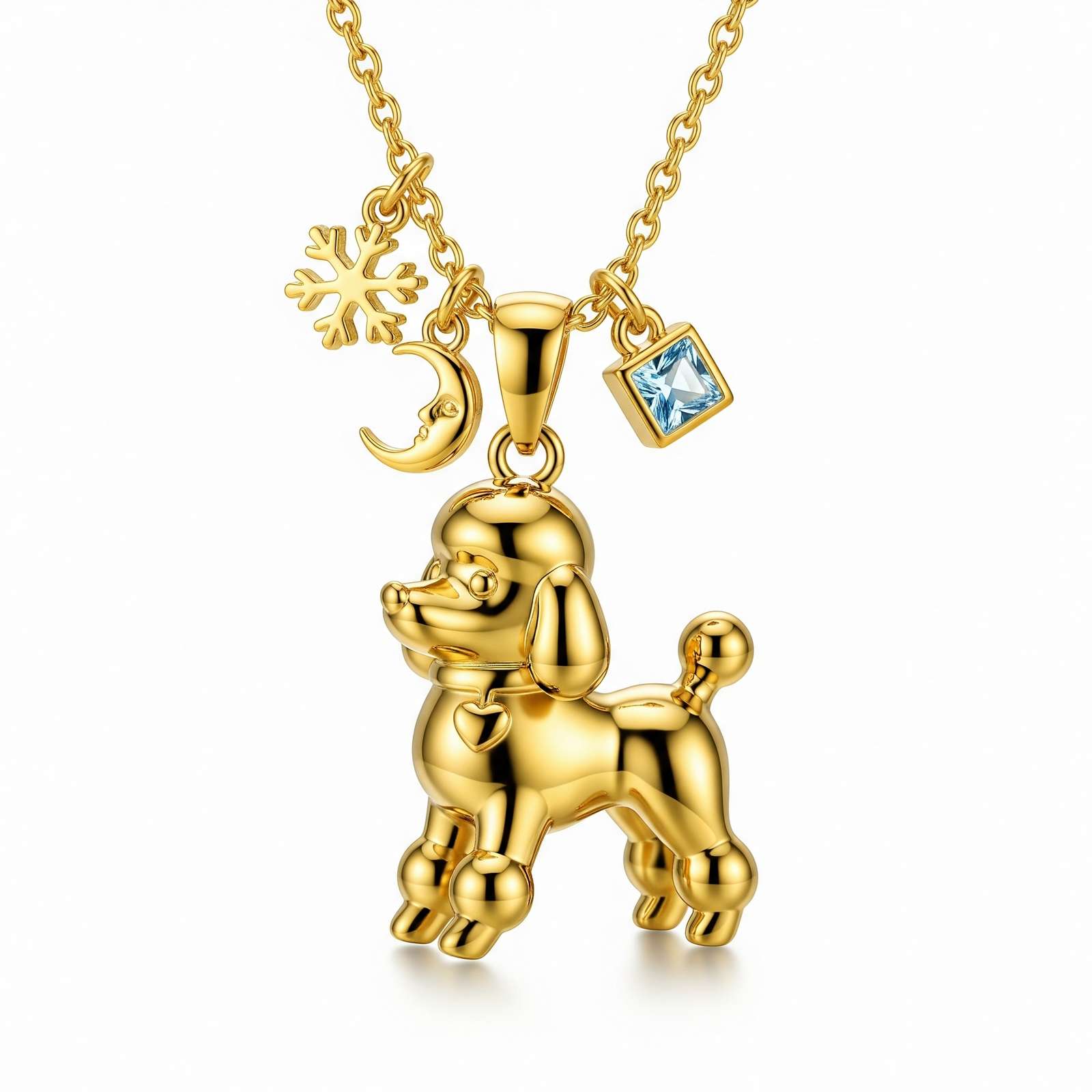 Gold Balloon Poodle Necklace with Snowflake, Moon & Blue Gem Charms
