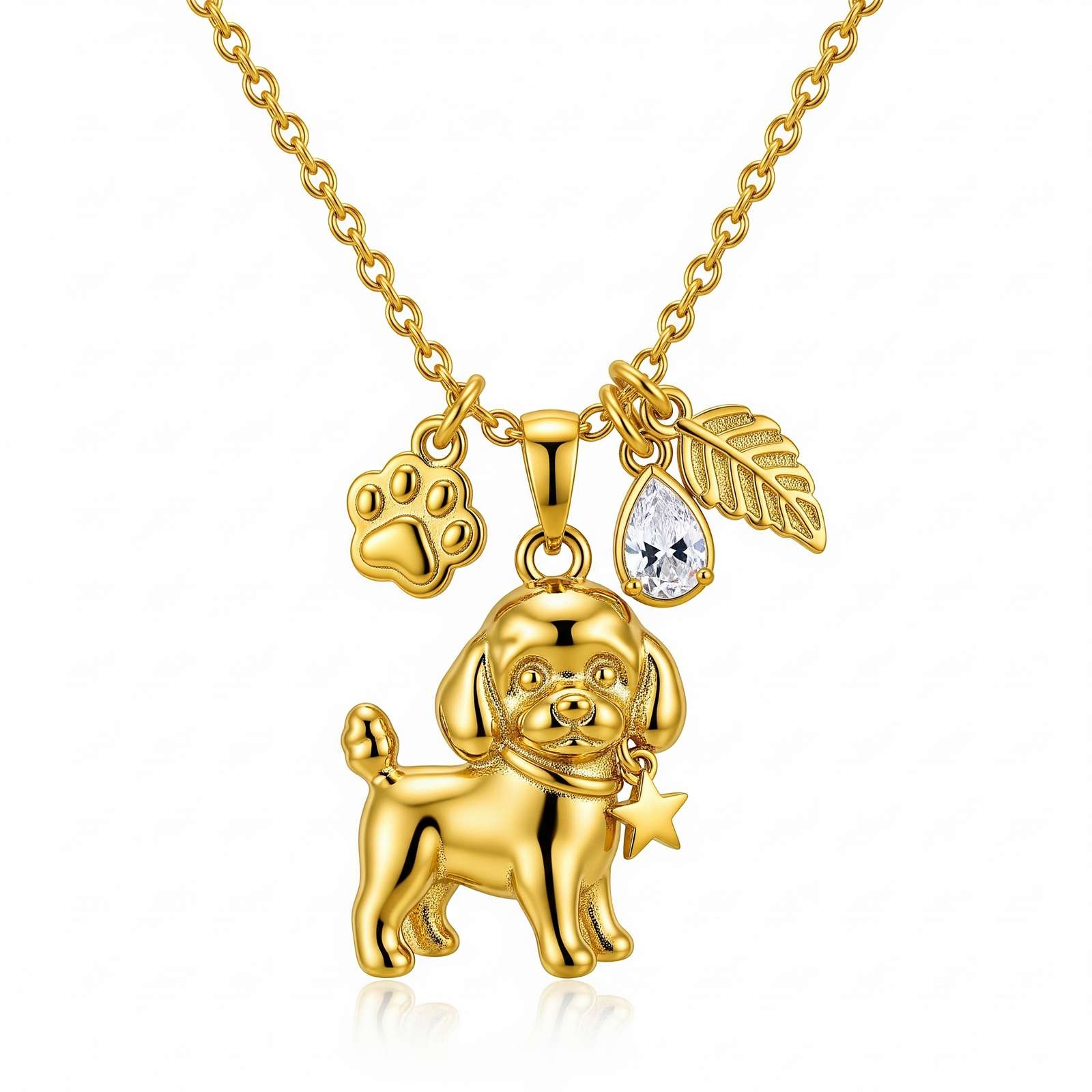 Gold Dog Pendant Necklace with Paw, Leaf & Teardrop Charms
