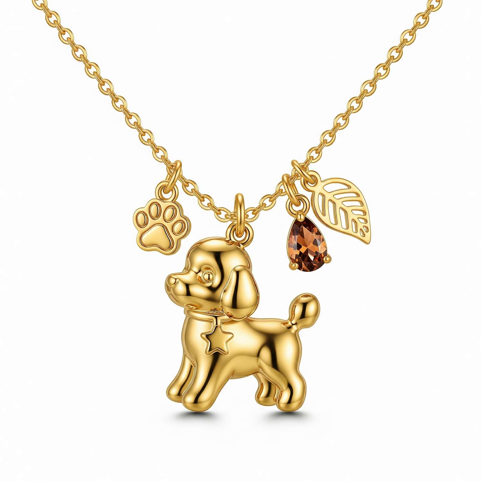 Gold Dog Pendant Necklace with Paw, Leaf & Amber Teardrop Charms