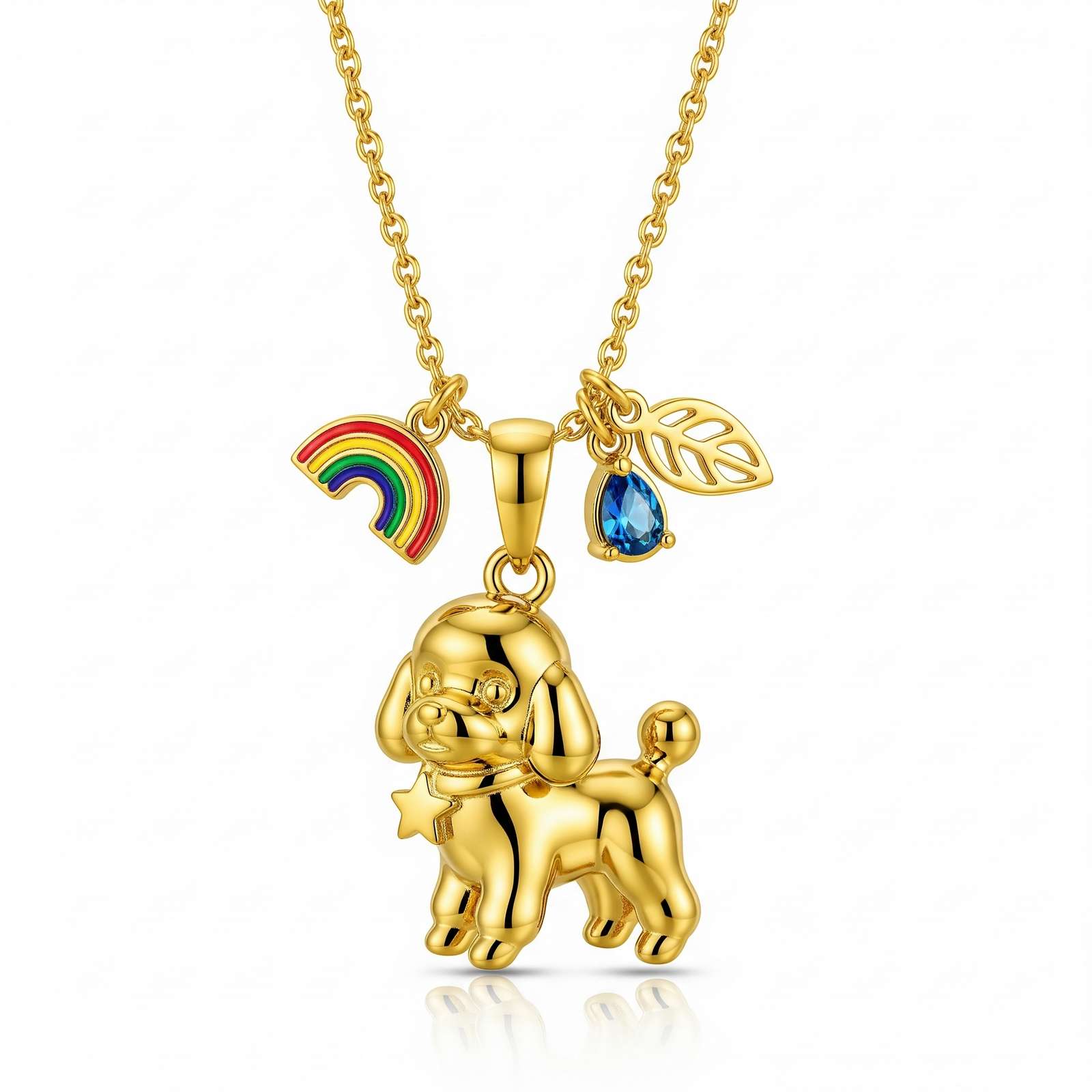 Gold Dog Pendant Necklace with Rainbow, Leaf & Blue Gem Charms