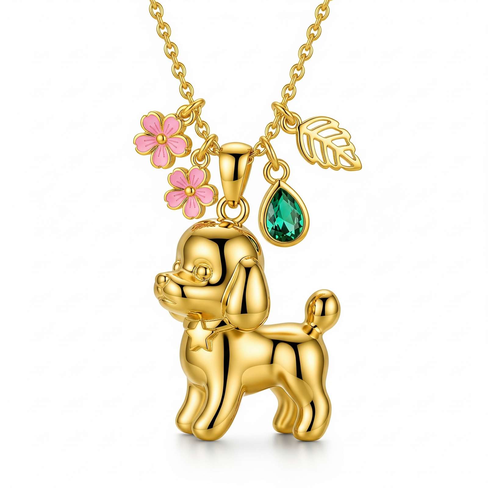 Cute 3D Stainless Steel Dog Pendant Necklace with Flowers and Crystal Drop – Gold Tone