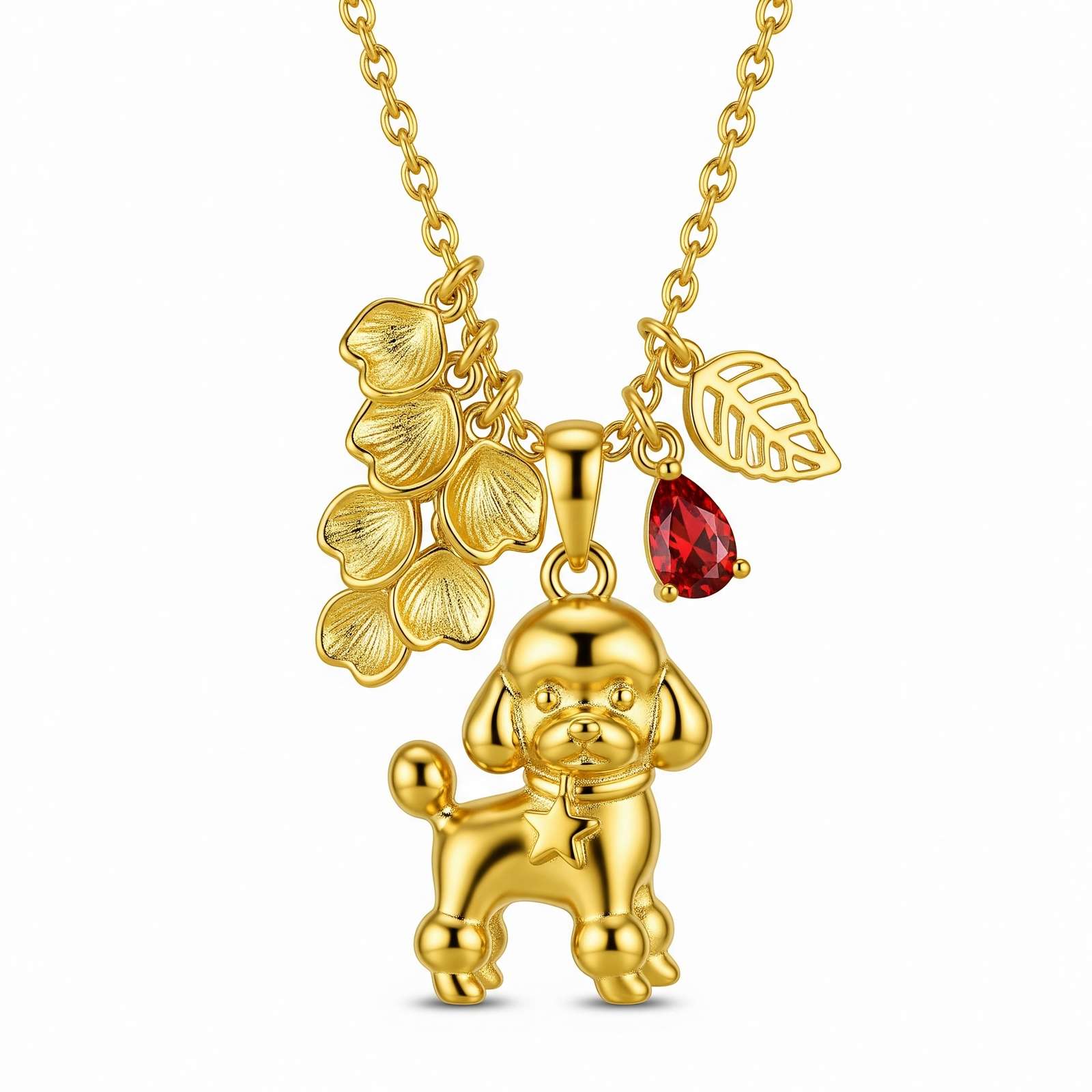 Cute 3D Stainless Steel Poodle Pendant Necklace – Gold Charm with Red Crystal and Leaf Accent