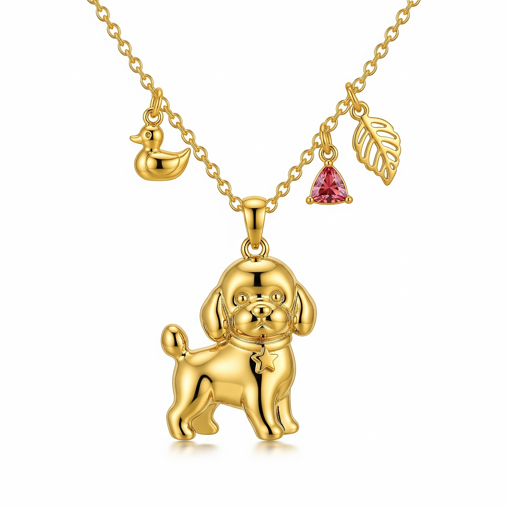 Cute 3D Stainless Steel Poodle Pendant Necklace – Gold Dog Charm with Duck, Pink Crystal & Leaf