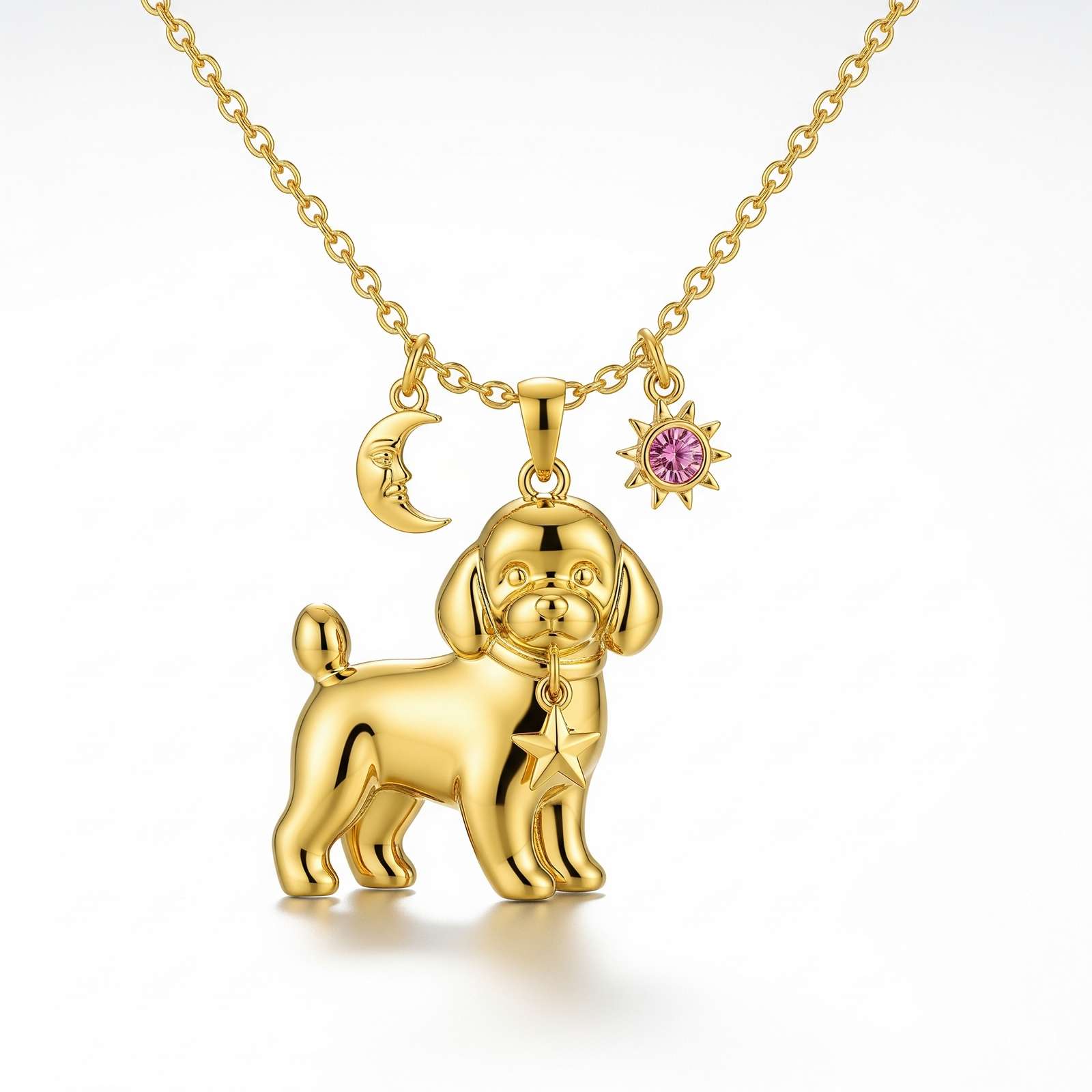 Cute 3D Stainless Steel Puppy Pendant Necklace with Moon, Pink Sun, and Star Charms