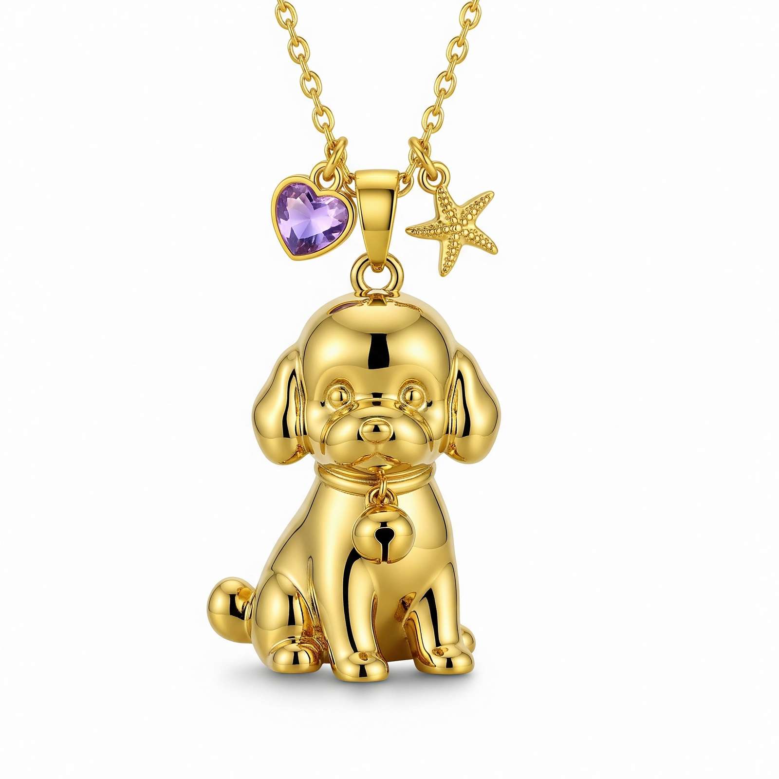 Cute 3D Stainless Steel Puppy Pendant Necklace with Amethyst Heart and Starfish Charms