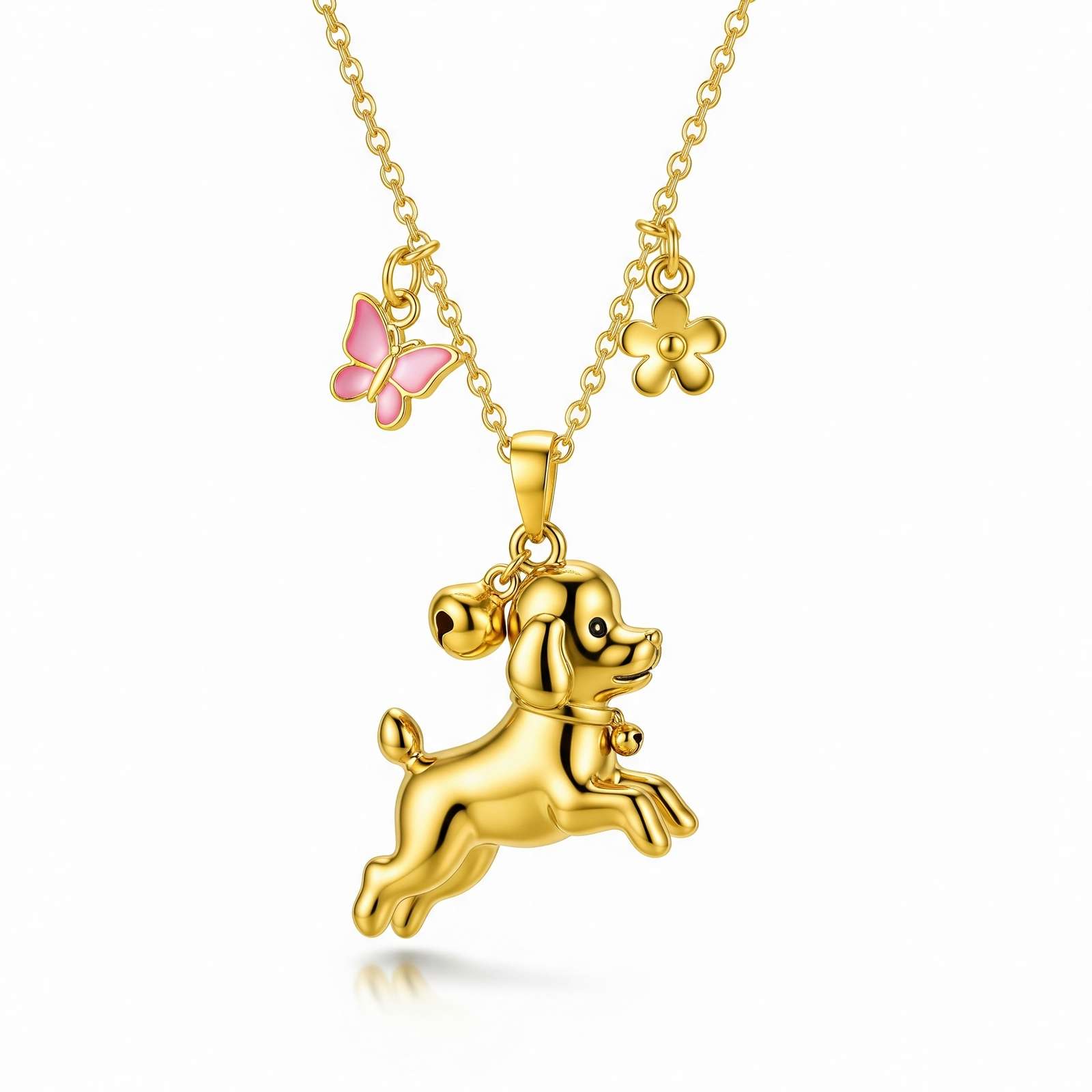 Cute 3D Stainless Steel Puppy Pendant Necklace with Pink Butterfly and Flower Charms