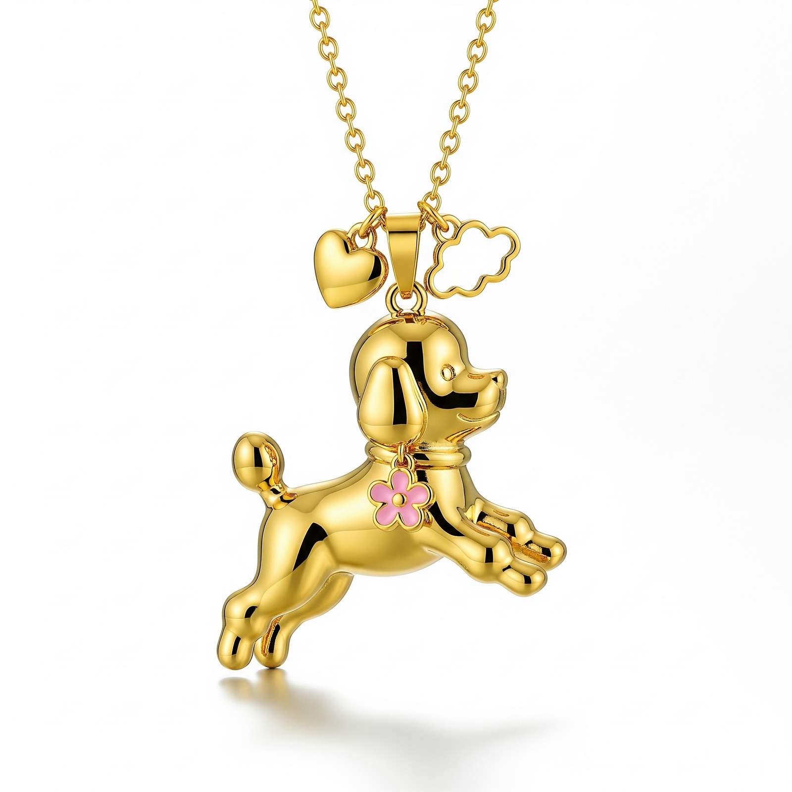 Cute 3D Stainless Steel Puppy Pendant Necklace with Pink Flower, Heart, and Cloud Charms