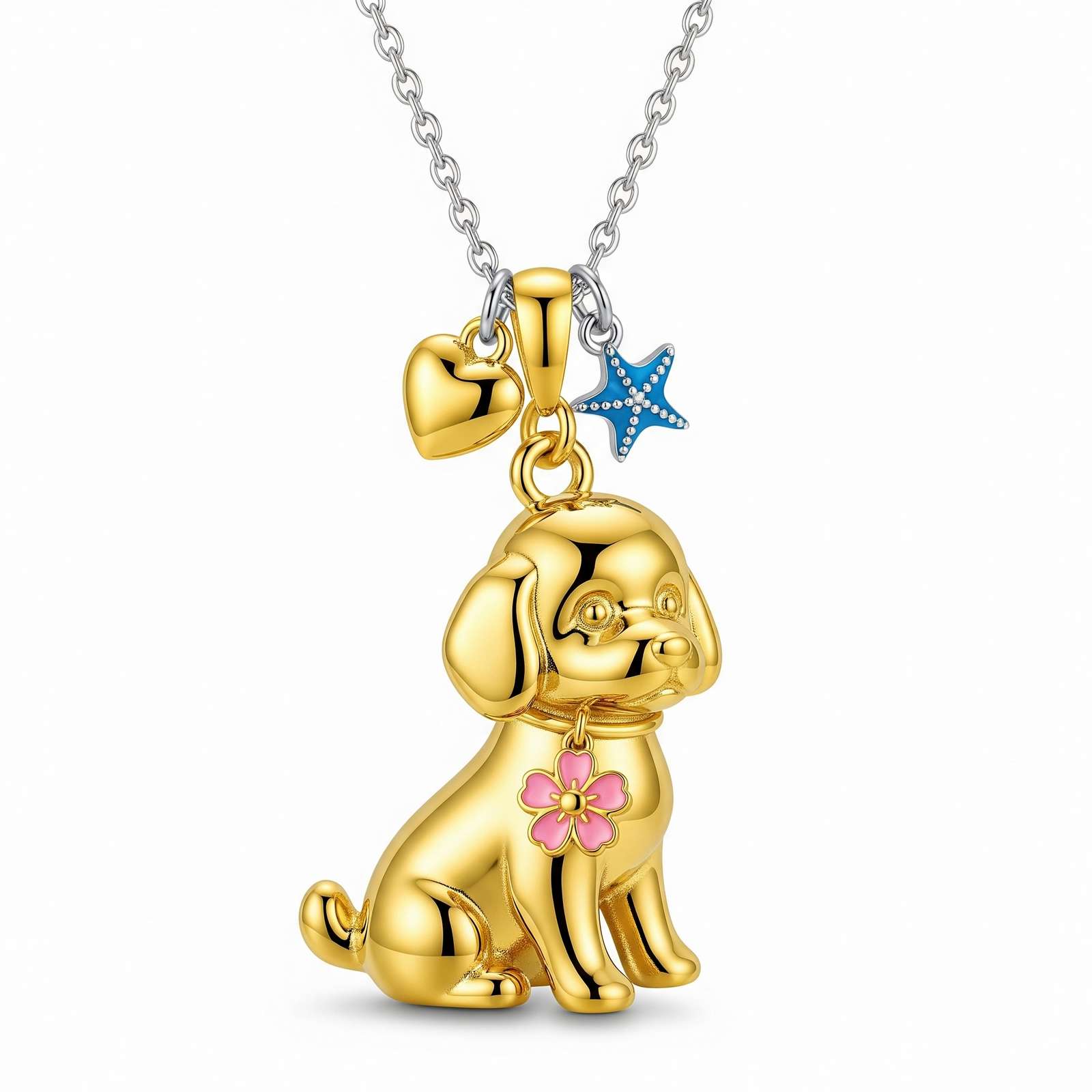 Cute 3D Stainless Steel Puppy Pendant Necklace with Pink Flower, Blue Starfish, and Heart Charms