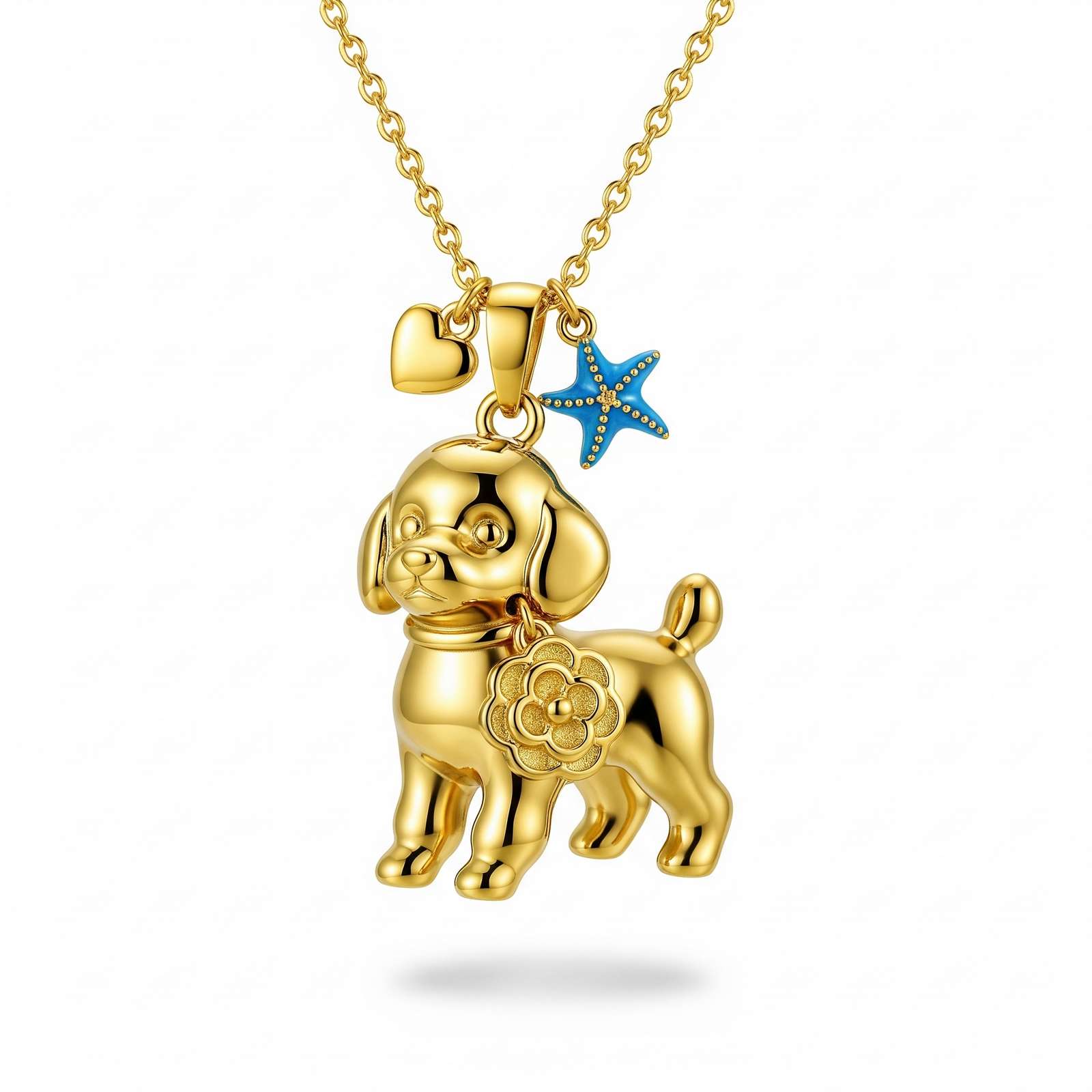 Cute 3D Stainless Steel Puppy Pendant Necklace with Golden Flower, Blue Starfish, and Heart Charms