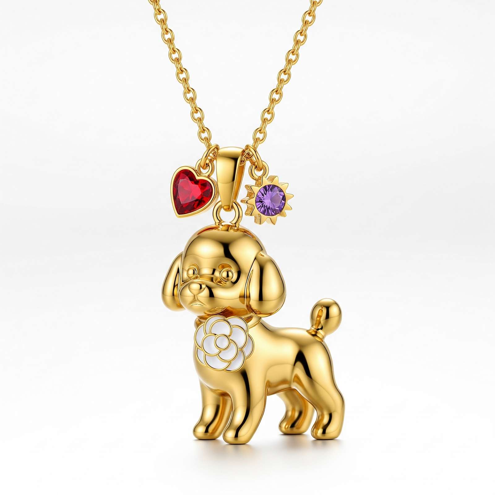 Cute 3D Stainless Steel Puppy Pendant Necklace with Red Heart, Purple Sunflower, and White Flower Charms