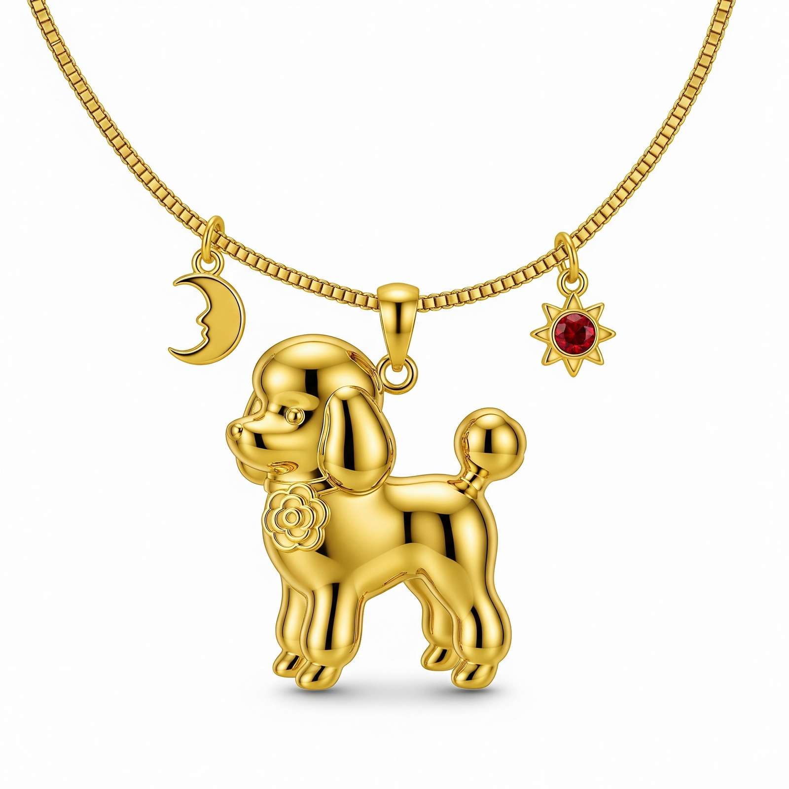 Cute 3D Stainless Steel Puppy Pendant Necklace with Moon and Red Sun Charms