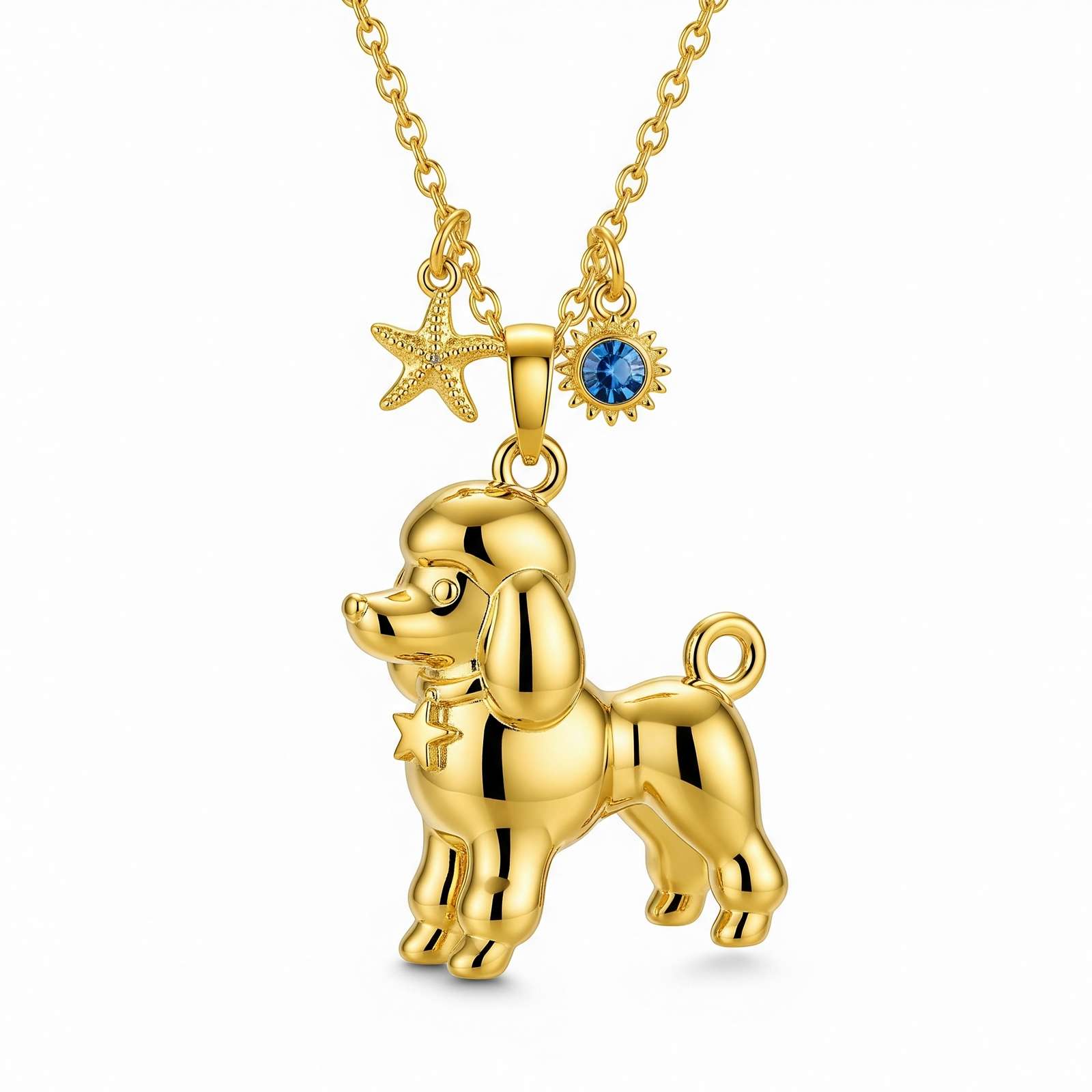 Cute 3D Stainless Steel Puppy Pendant Necklace with Blue Sun Charm, Starfish, and Star Pendant
