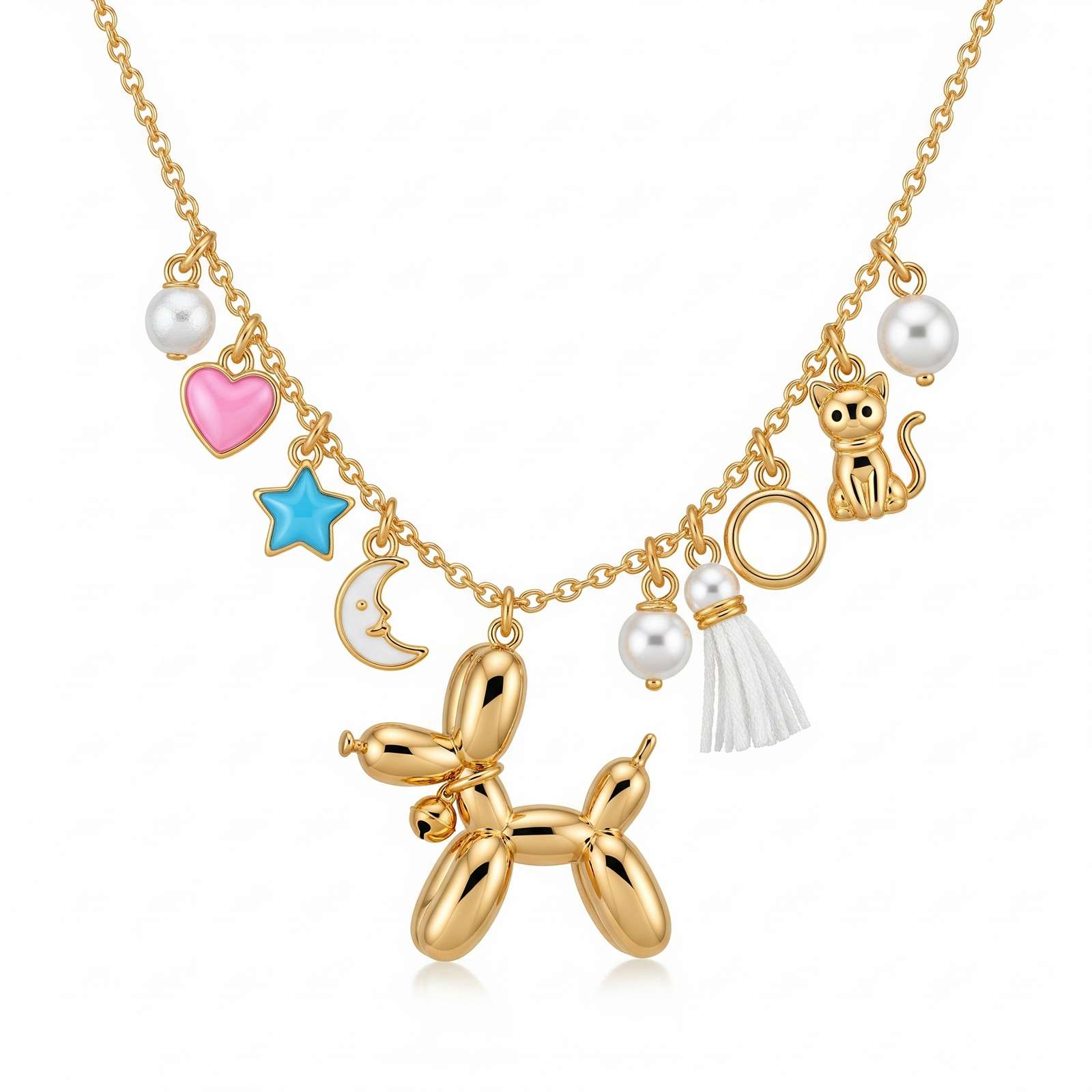 Adorable Women's Stainless Steel Charm 3D Balloon Dog Pendant Necklace with Cat & Star Charms